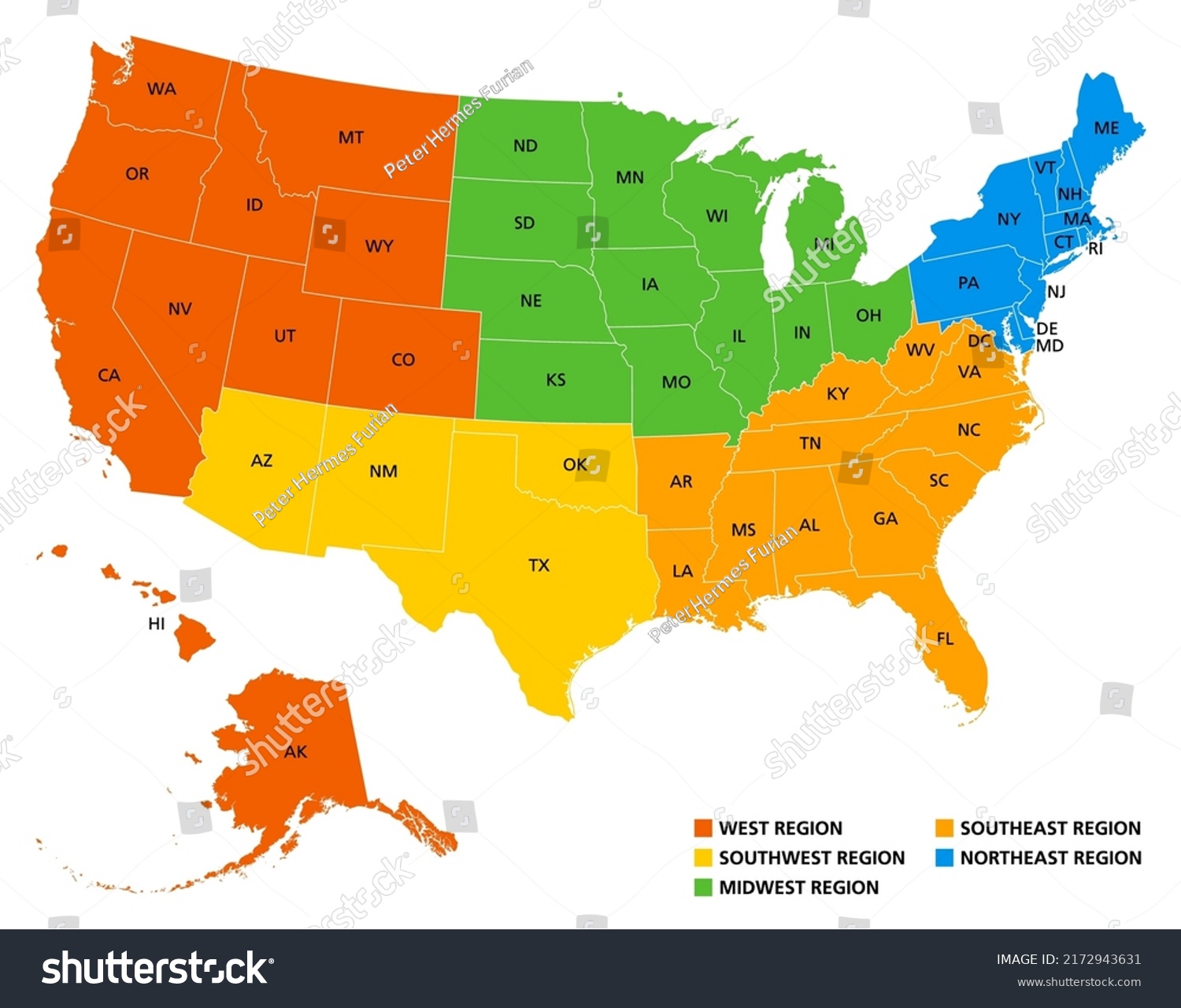 Geographic Regions United States Political Map Stock Vector (Royalty