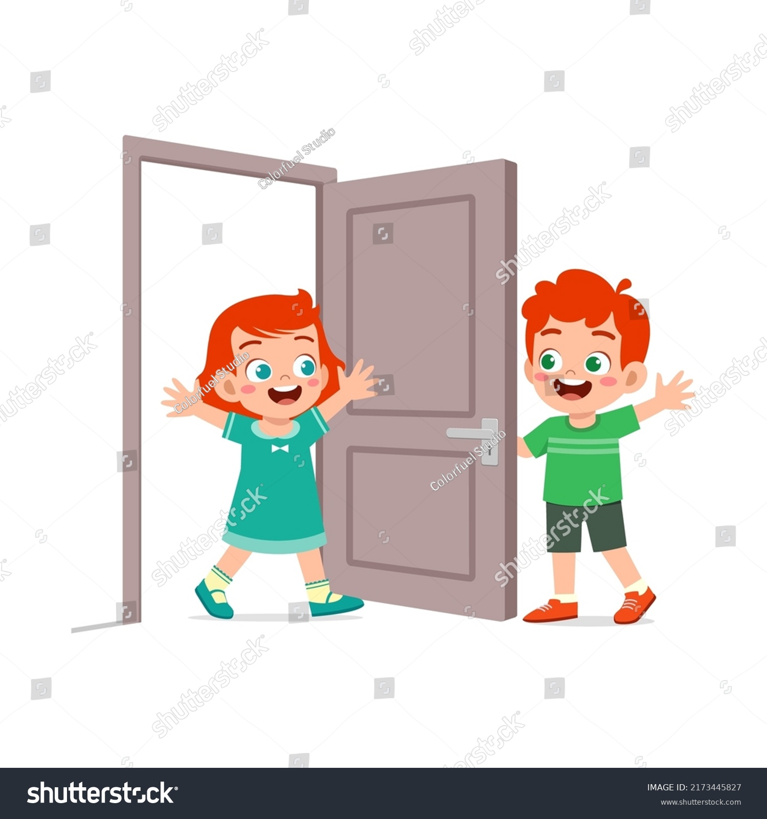 Little Kid Open Door Friend Stock Vector (royalty Free) 2173445827 