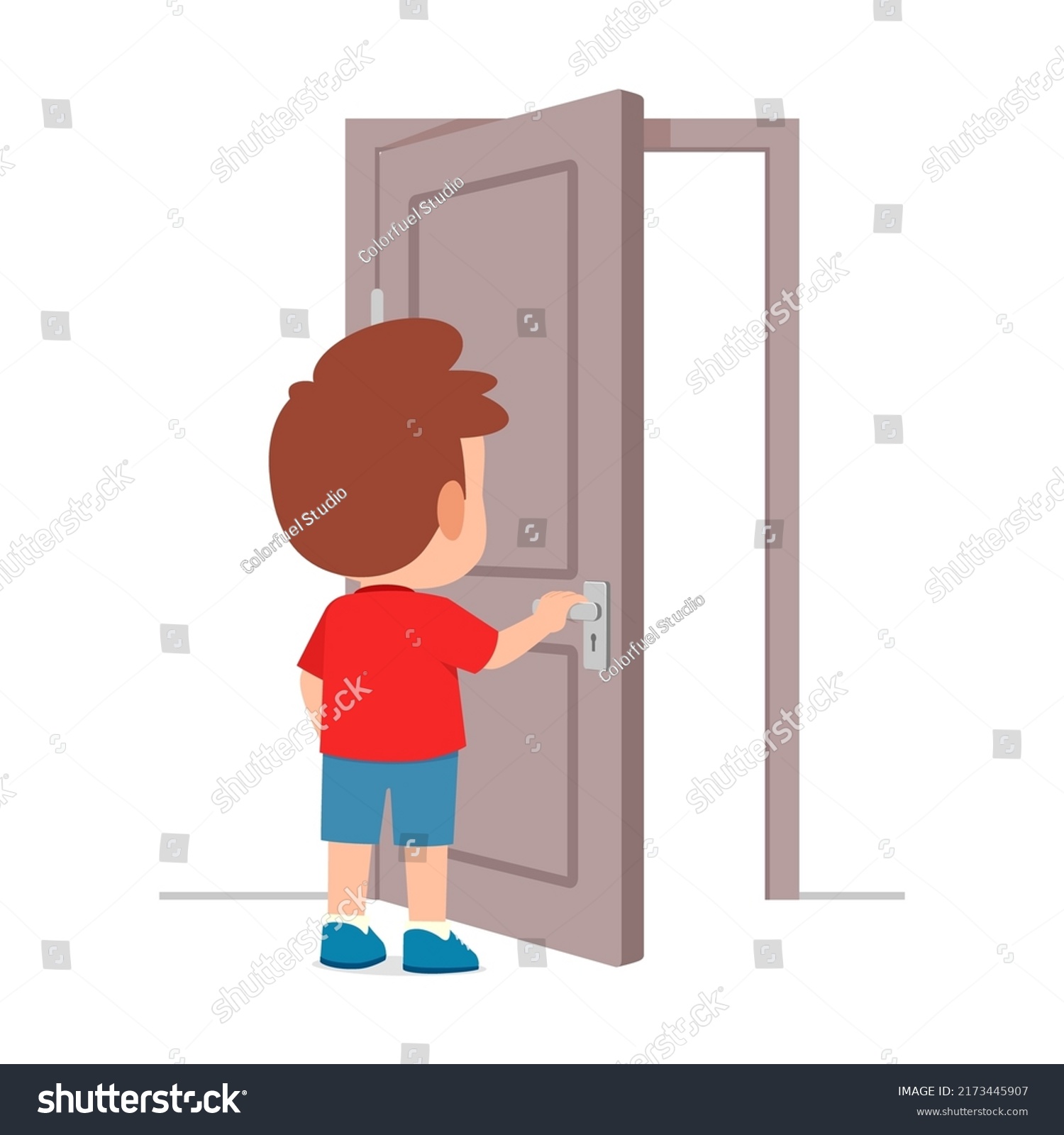 Little Kid Standing Holding Door Knob Stock Vector (Royalty Free ...