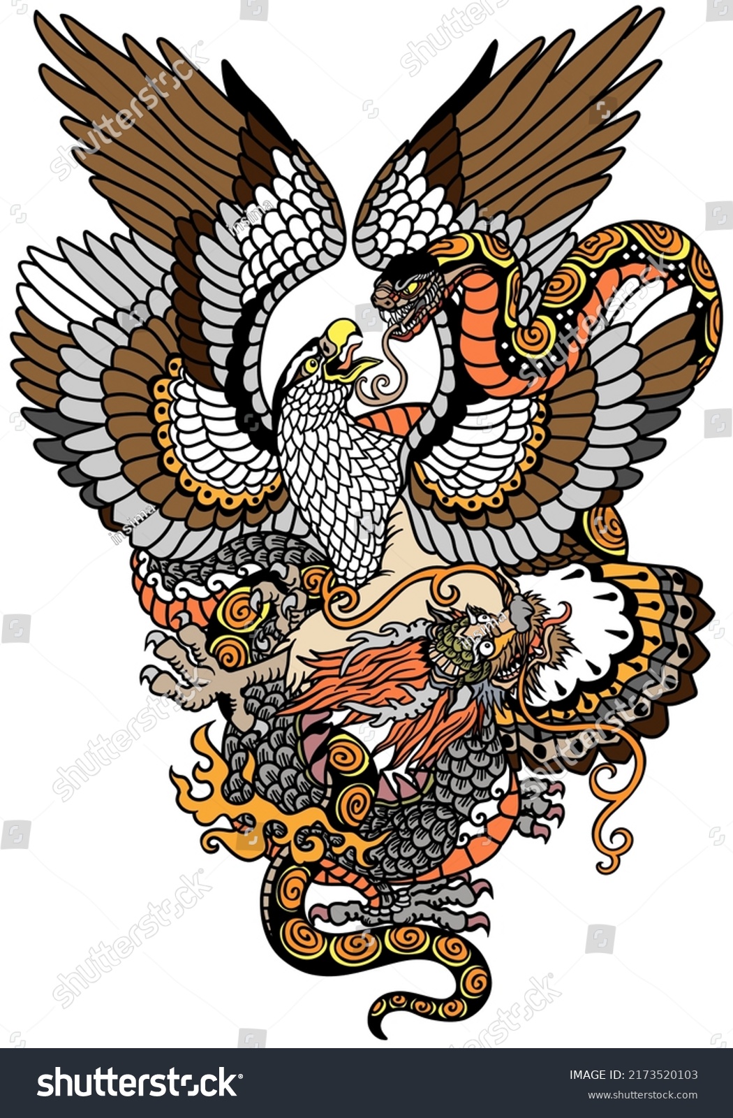 Eagle Fighting Snake Serpent Dragon Battle Stock Vector (Royalty Free ...