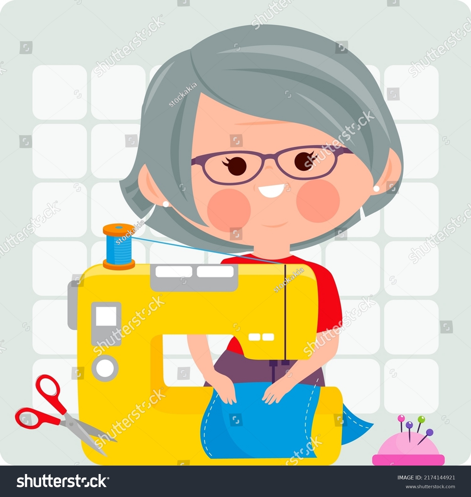 Senior Seamstress Using Her Sewing Machine Stock Vector Royalty Free