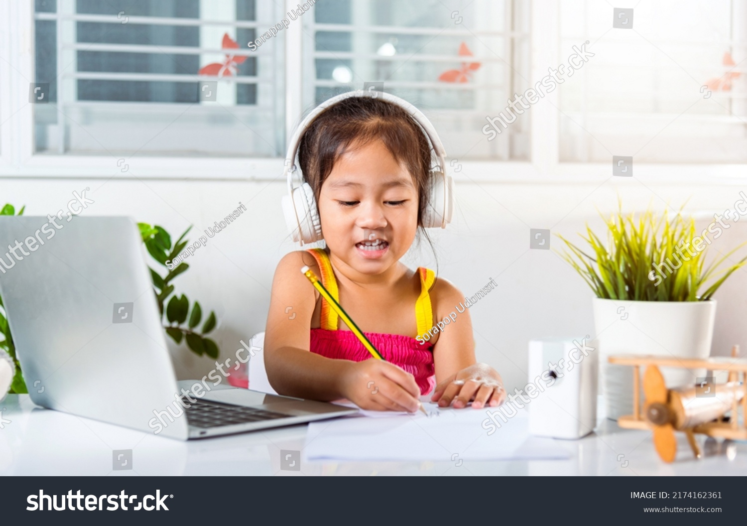 Little Kid Preschool Wear Headphone Sit Stock Photo 2174162361 ...