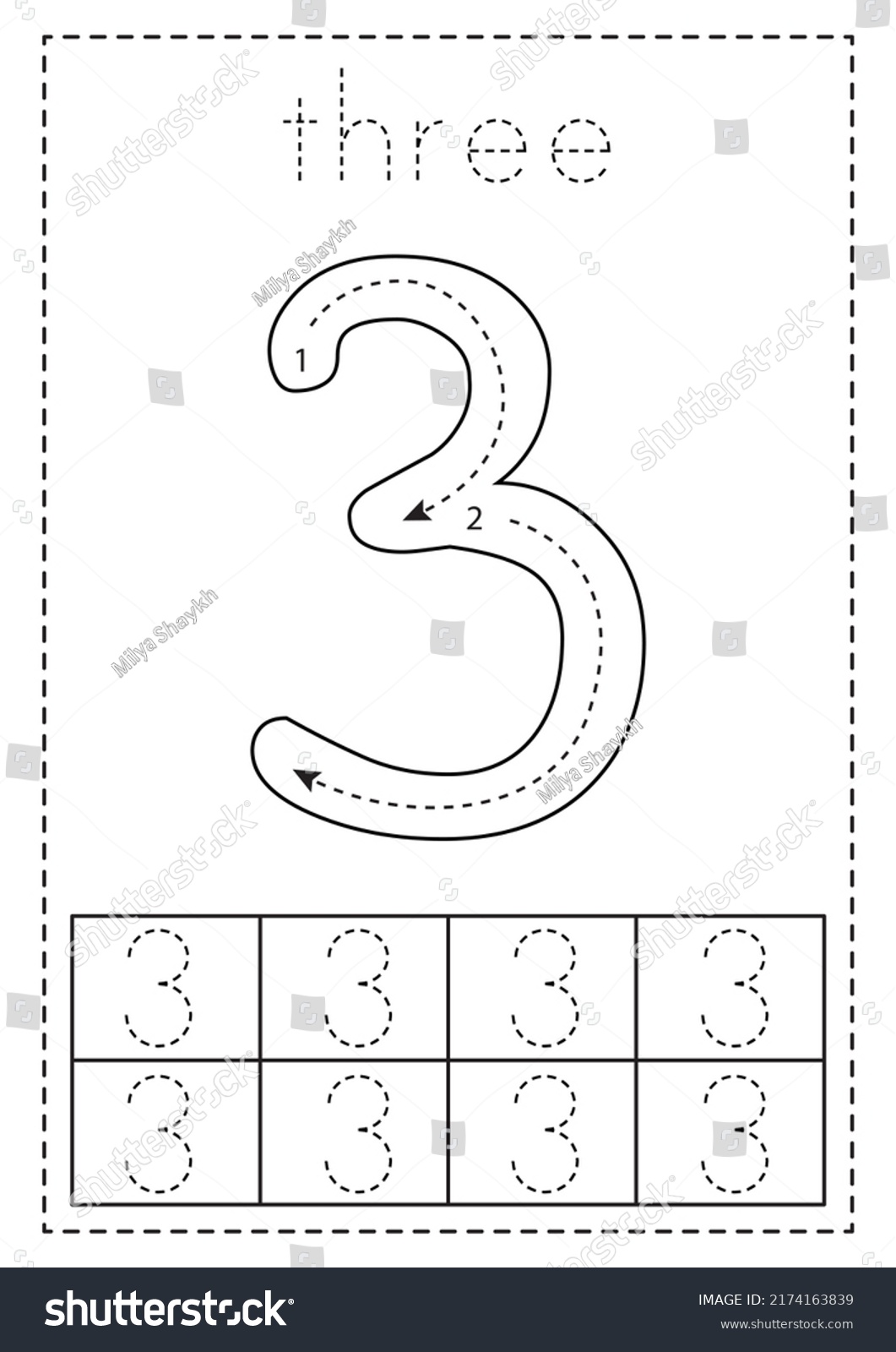 Tracing Number Three Black White Worksheet Stock Vector (Royalty Free ...