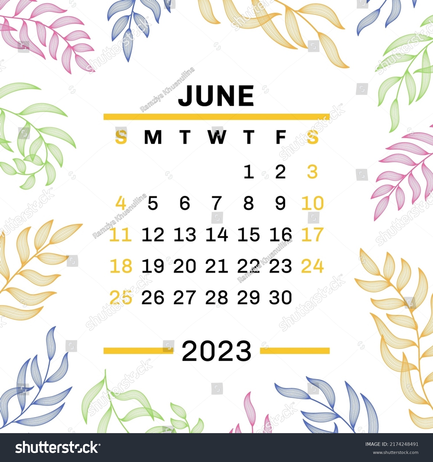 June Calendar 2023 Leaves Vector Leaf Stock Vector (Royalty Free ...