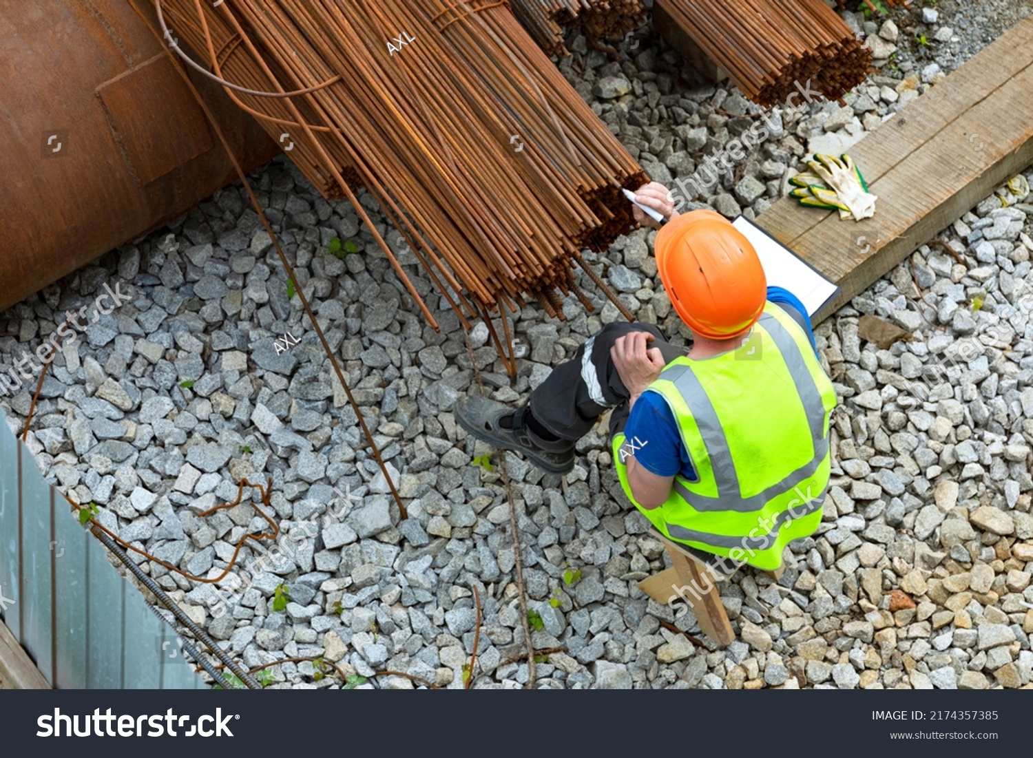 Worker Making Marks On Metal Reinforcement Stock Photo 2174357385 ...