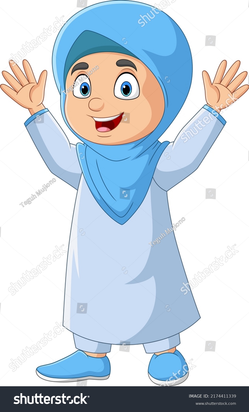 Cartoon Happy Muslim Girl Waving Hand Stock Vector (Royalty Free ...