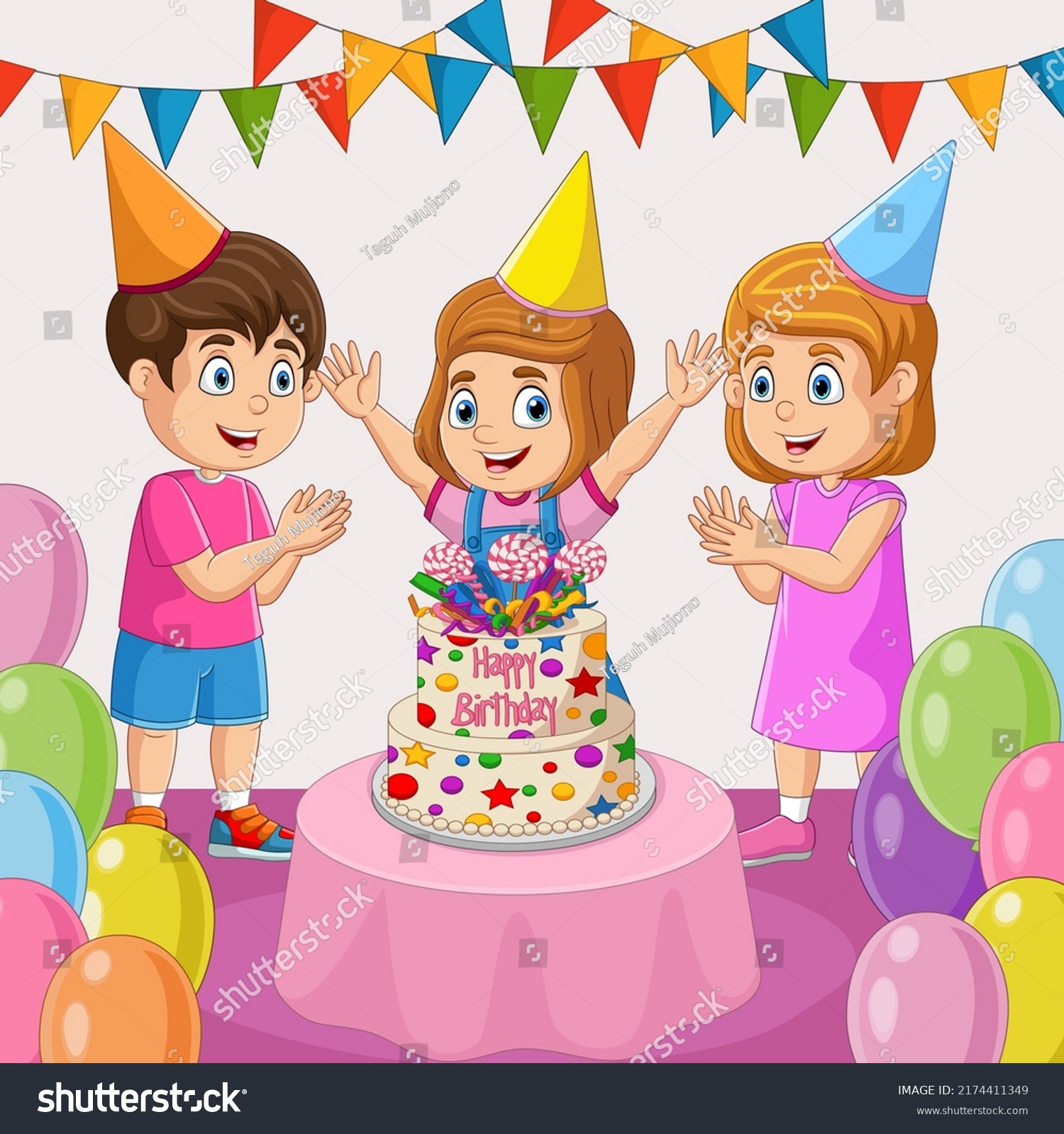 Happy Girl Cake Her Friends On Stock Vector (Royalty Free) 2174411349 ...