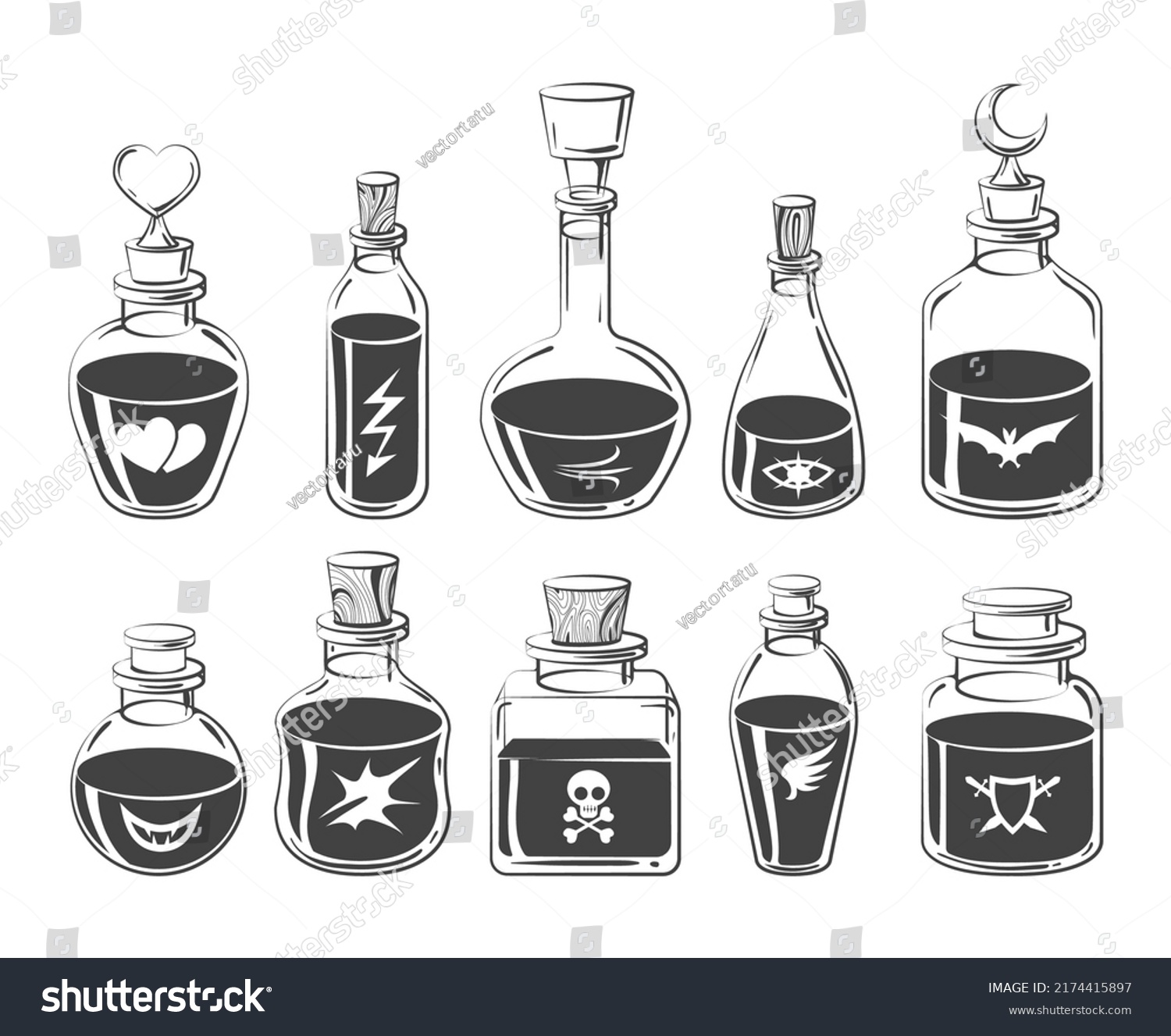 Potion Bottles Drawings Drawn Alchemy Elixir Stock Vector (Royalty Free ...