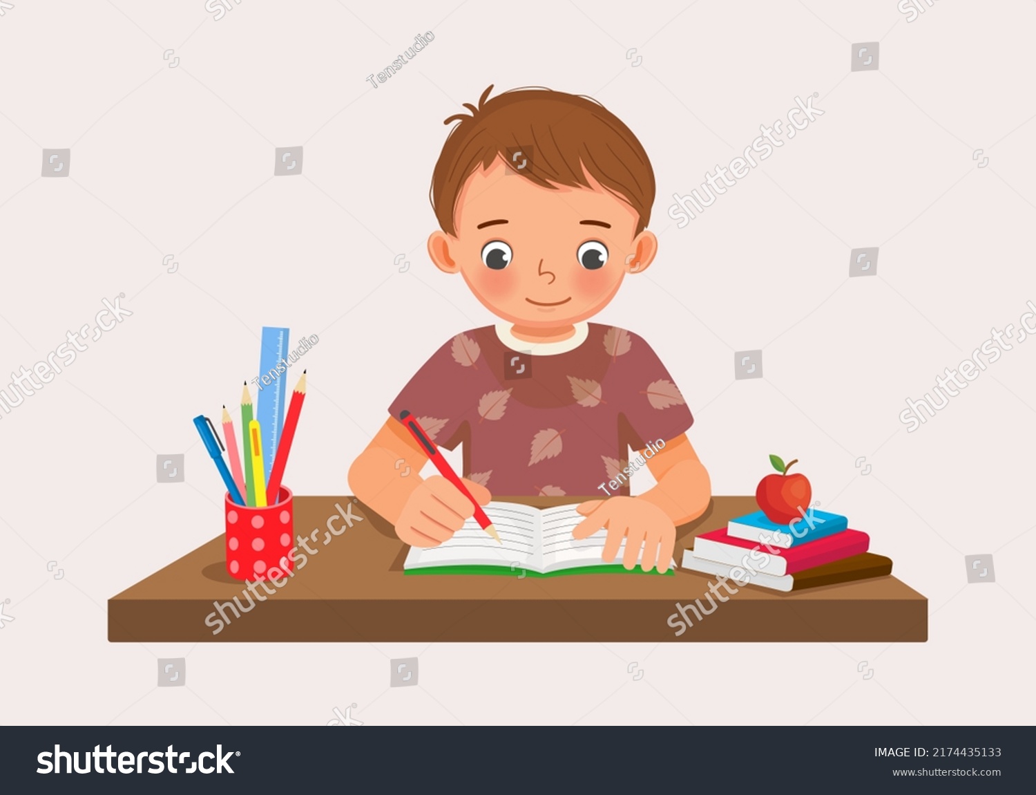 Cute Little Boy Sitting On Desk Stock Vector (Royalty Free) 2174435133 ...