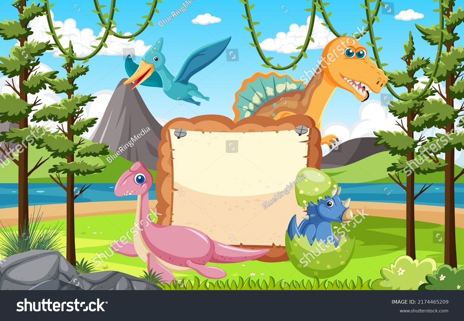 Empty Board Cute Dinosaurs Cartoon Characters Stock Vector (Royalty ...