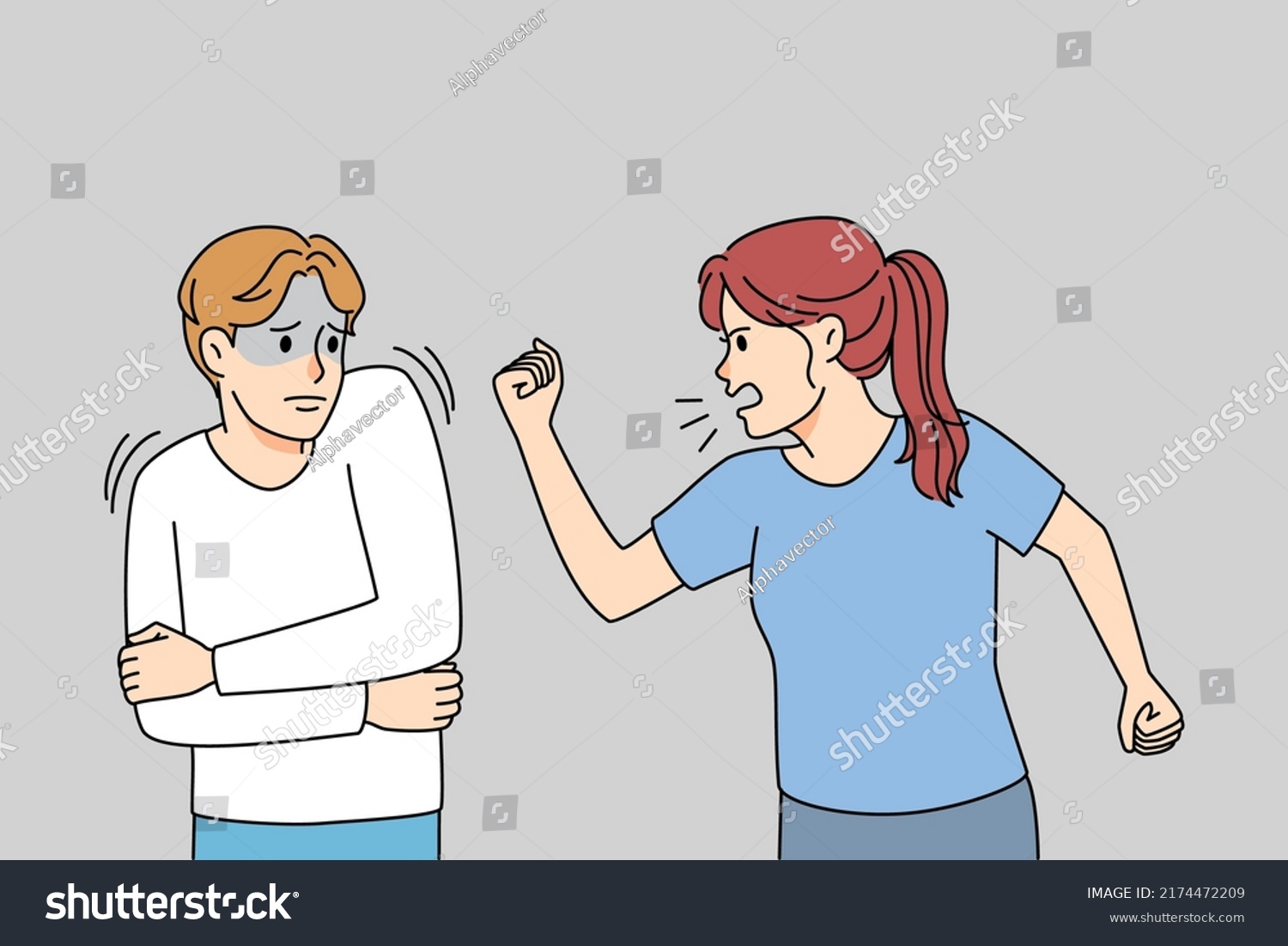 Aggressive Woman Scold Lecture Stressed Man Stock Vector Royalty Free 2174472209 Shutterstock 