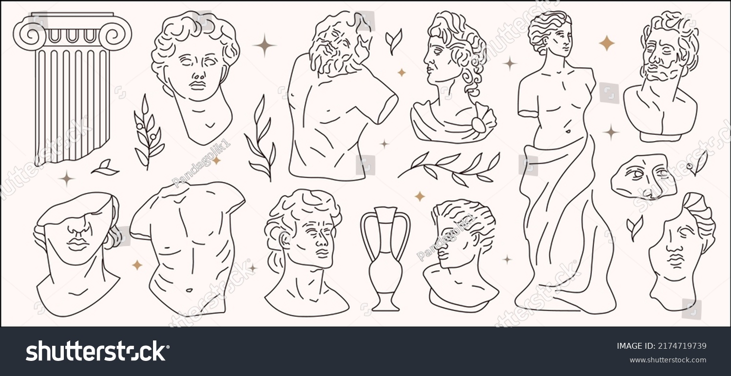 Antique Handdrawn Sculptures Traditional Greek Style Stock Vector ...