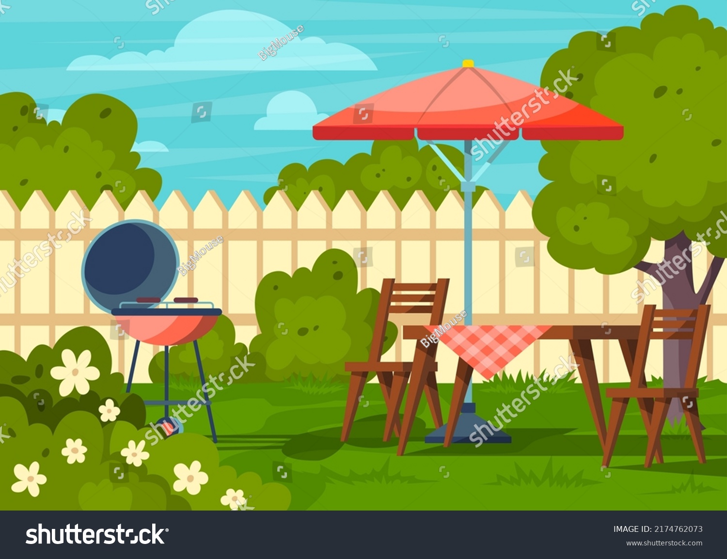 Cartoon Color Garden Picnic Backyard Scene Stock Vector (Royalty Free ...