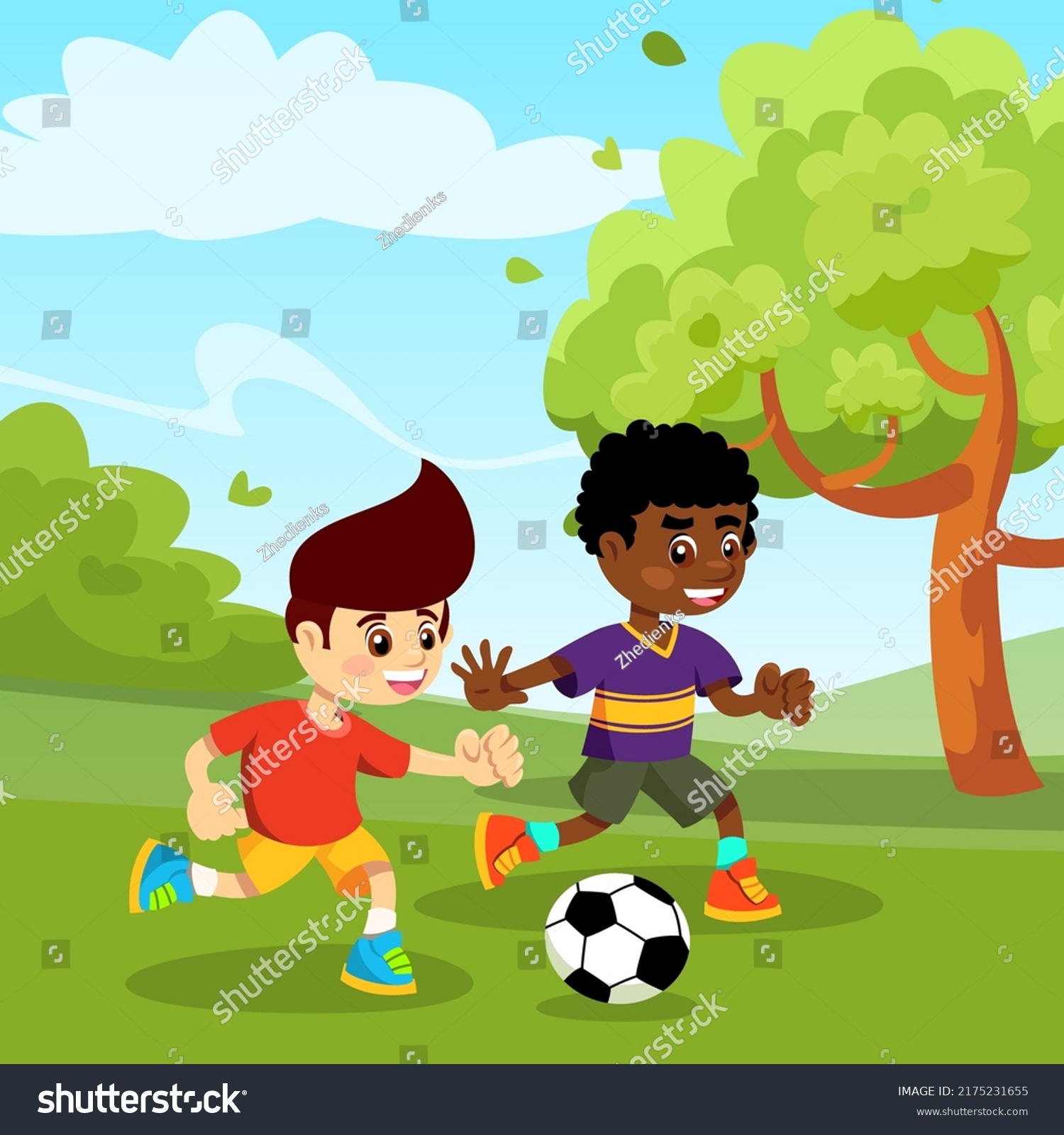 Vector Illustration Children Playing Soccer Park Stock Vector (Royalty ...