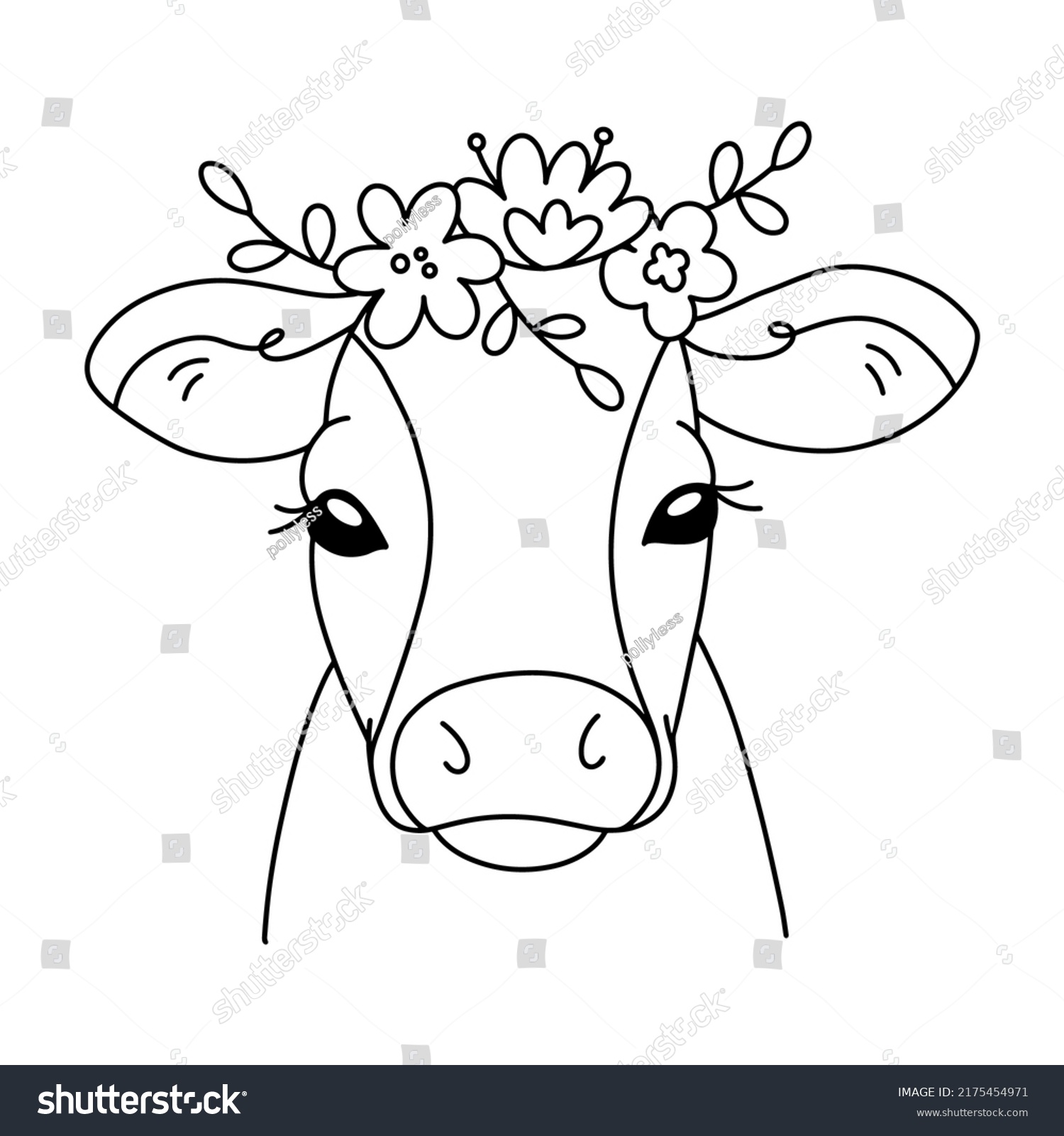 Cute Cow Bouquet Flowers Outline Clipart Stock Illustration 2175454971 ...