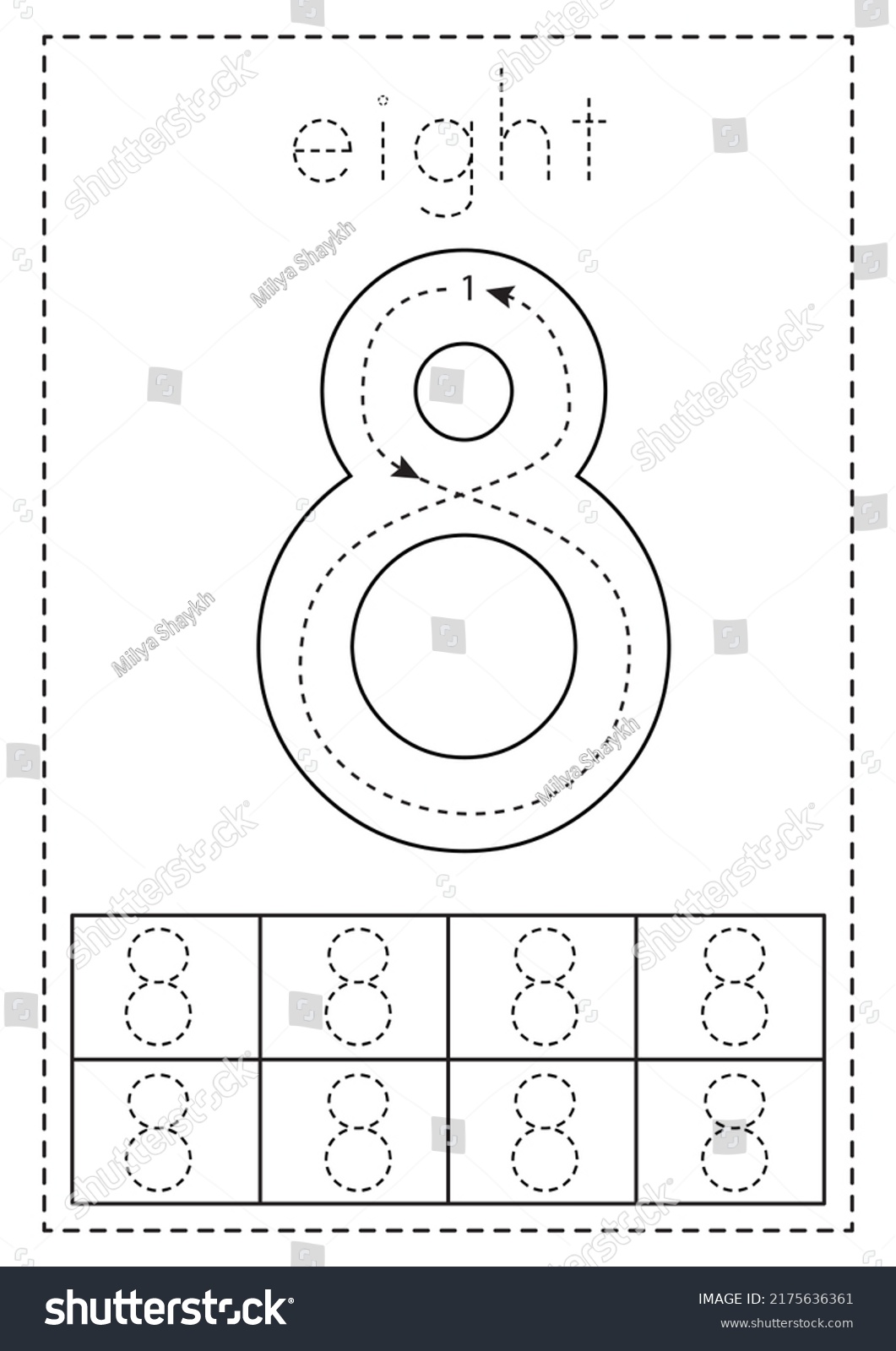 Tracing Number Eight Black White Worksheet Stock Vector (Royalty Free ...