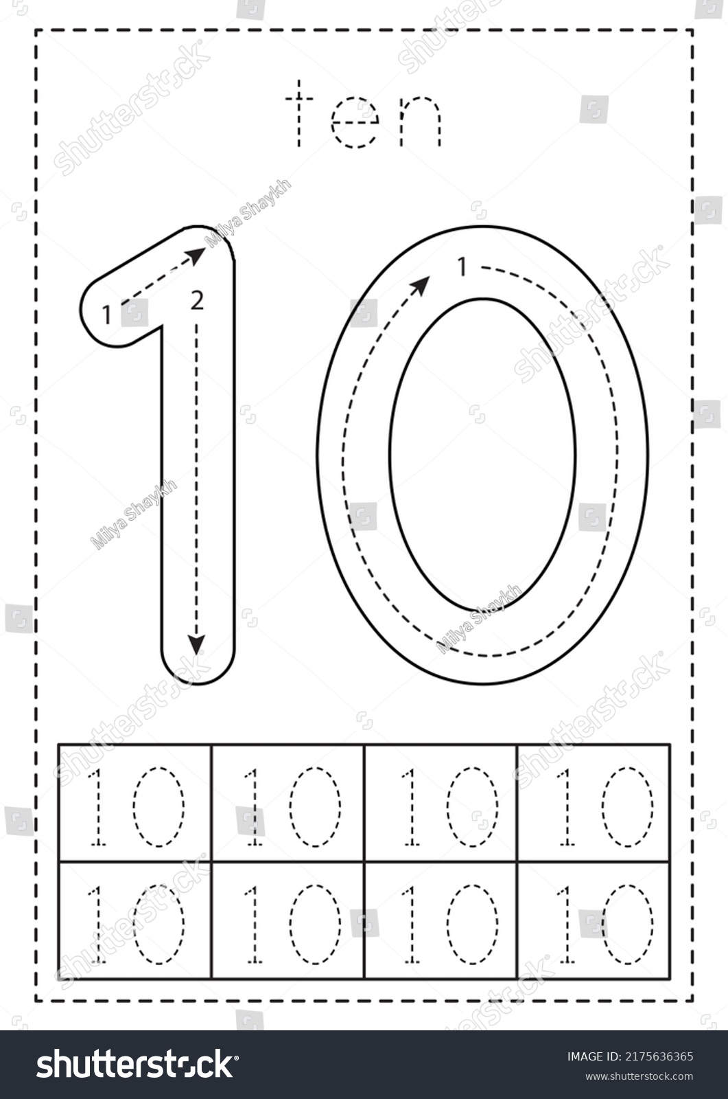 Tracing Number Ten Black White Worksheet Stock Vector (Royalty Free ...