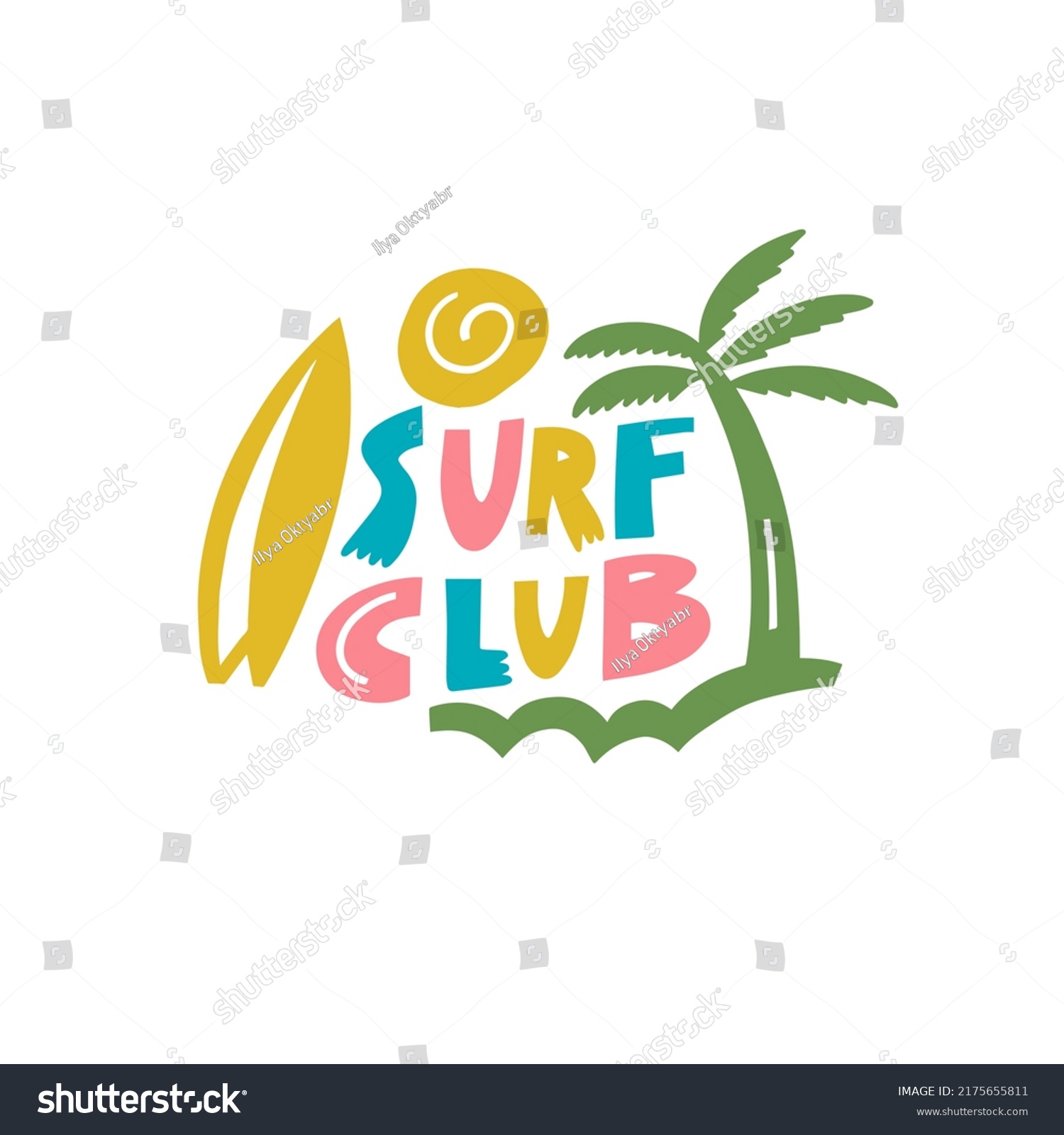 Surf Club Hand Drawn Colorful Cartoon Stock Vector (Royalty Free ...