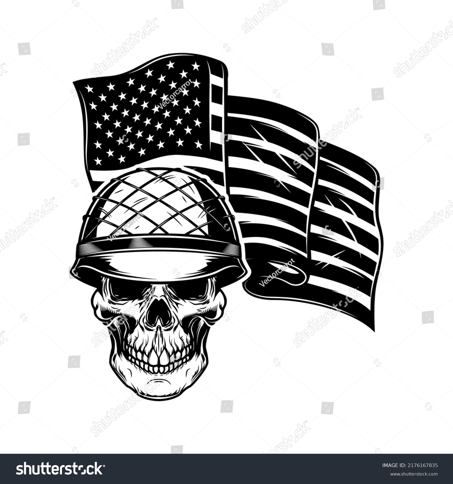 Skull Army Helmet On Usa Flag Stock Vector (Royalty Free) 2176167835 ...