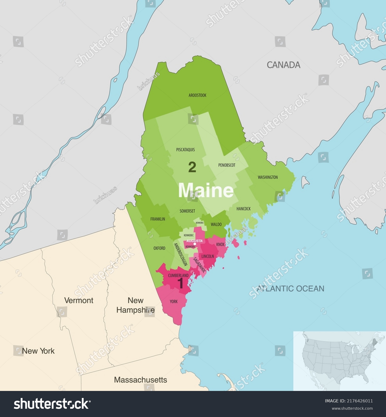 Maine State Counties Colored By Congressional Stock Vector (royalty 