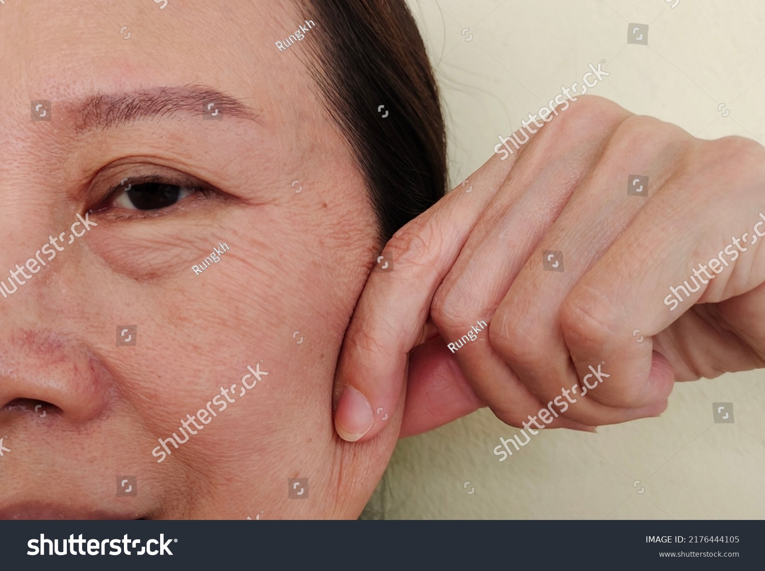 Portrait Showing Fingers Squeezing Flabbiness Adipose Stock Photo