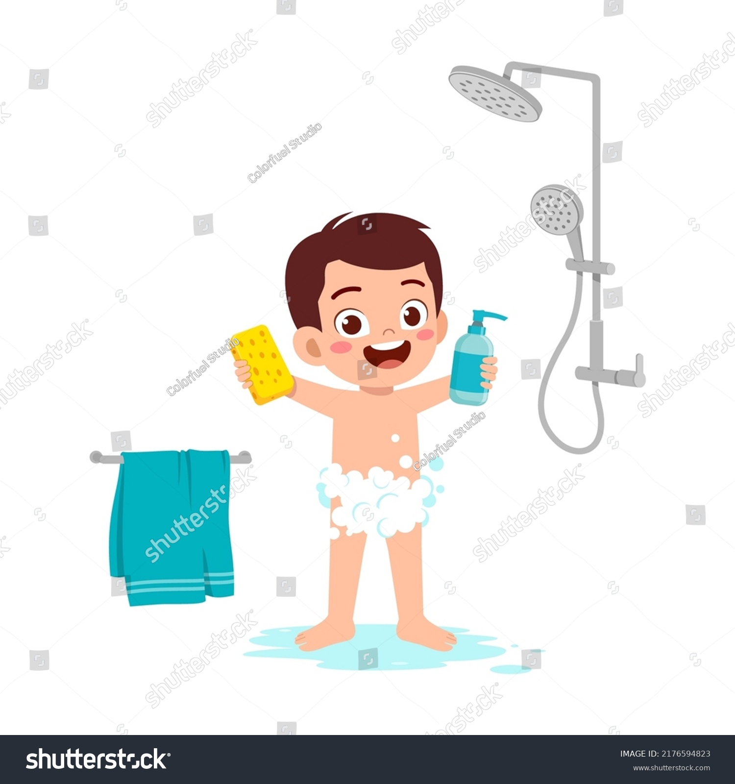 Little Kid Take Shower Wash Body Stock Vector (Royalty Free) 2176594823 ...