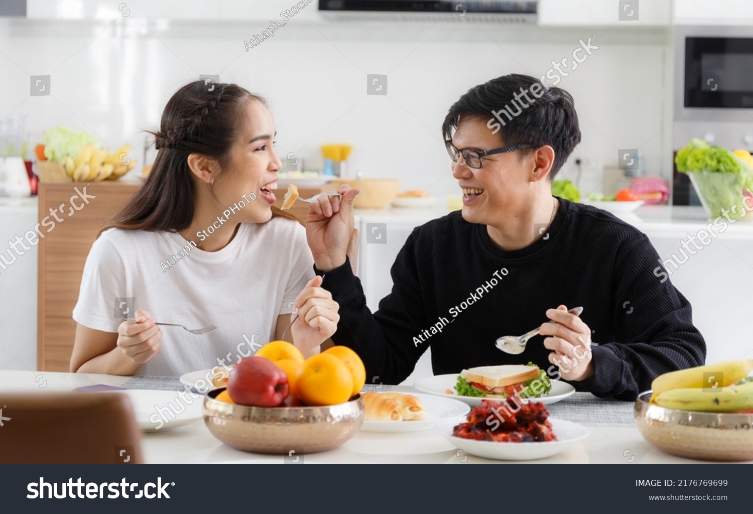 Young Asian Couple Happy Sit Eat Stock Photo 2176769699 | Shutterstock