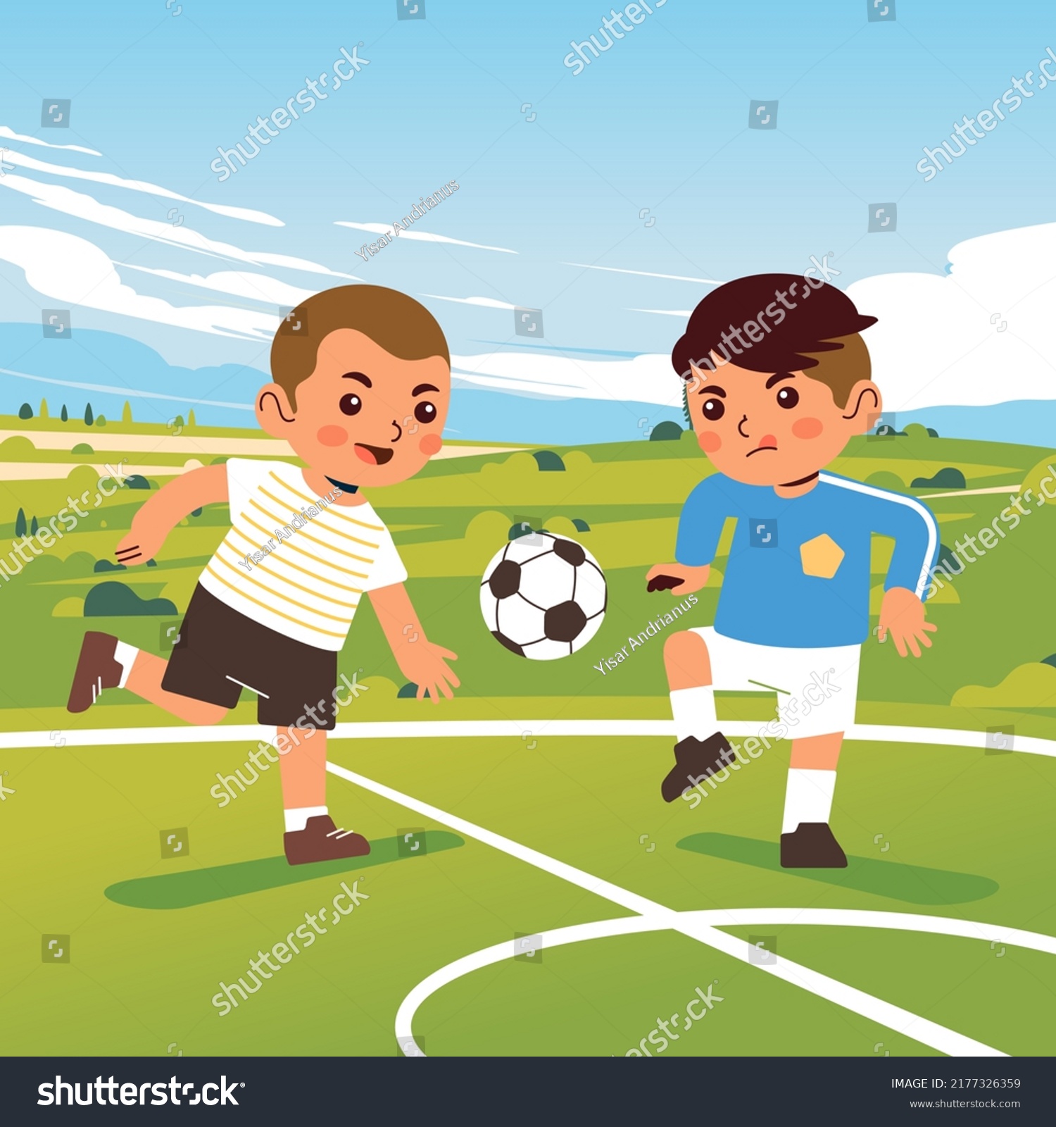 Two Boys Playing Soccer On Field Stock Vector (Royalty Free) 2177326359 ...