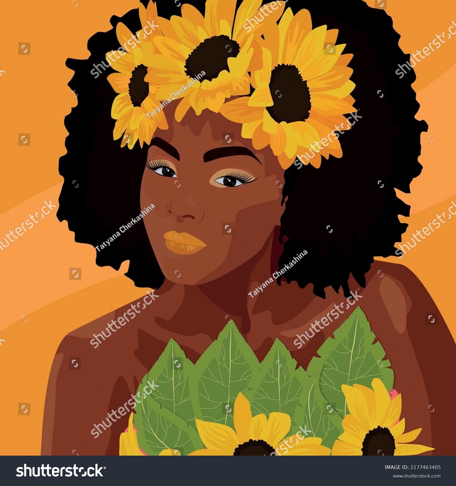 Illustration Beautiful Darkskinned Girl Flowers On Stock Vector