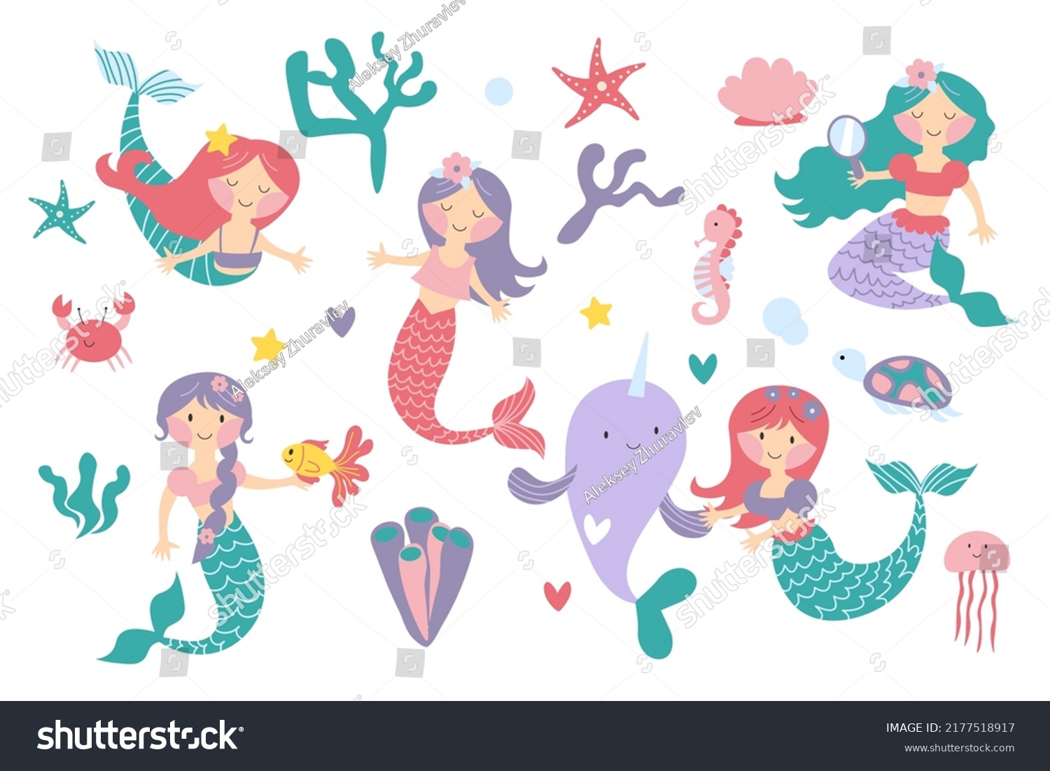 Vector Set Cute Mermaids Sea Plants Stock Vector (Royalty Free ...