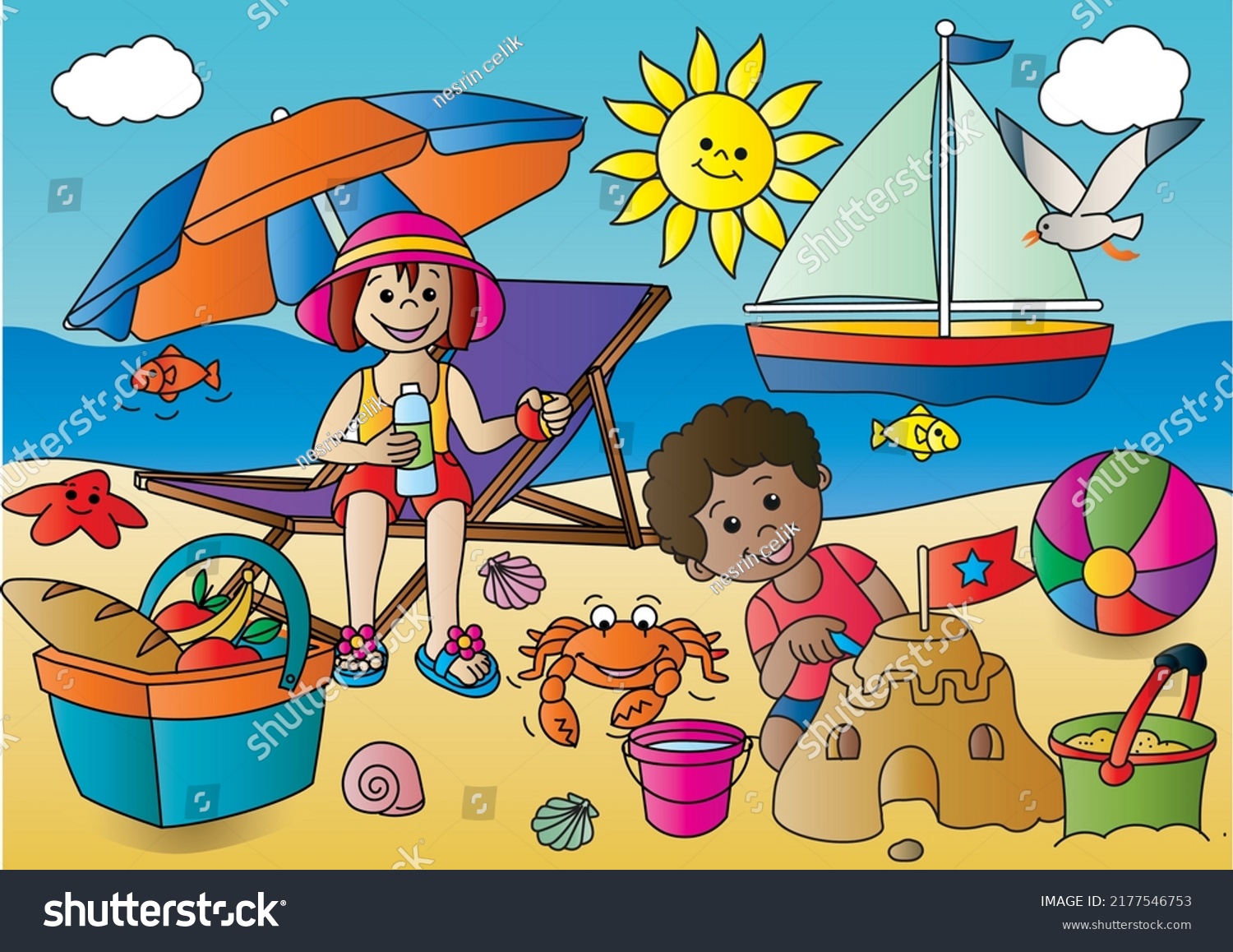 Children Sunbathing Making Sand Castles Color Stock Vector (Royalty ...