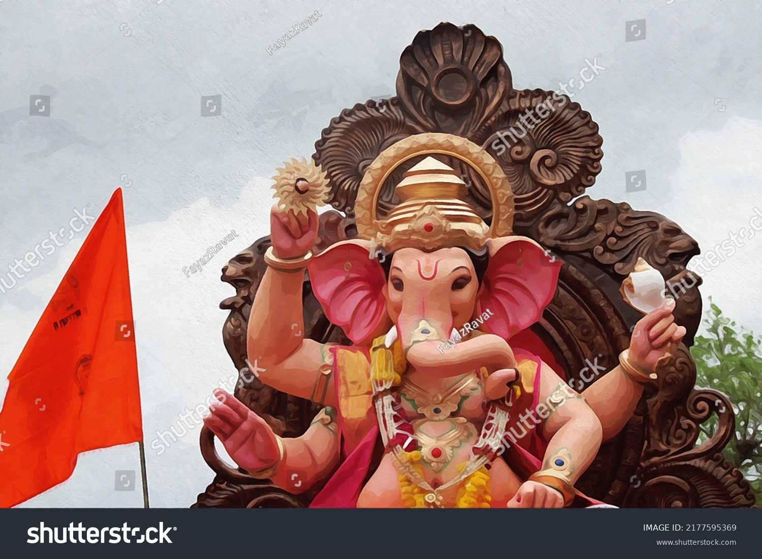 Lord Ganesha Orange Flag Watercolor Painting Stock Illustration ...