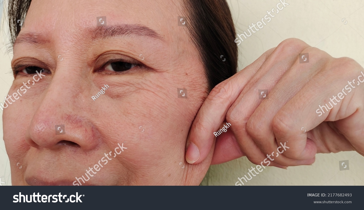 Portrait Showing Fingers Squeezing Flabbiness Adipose Stock Photo