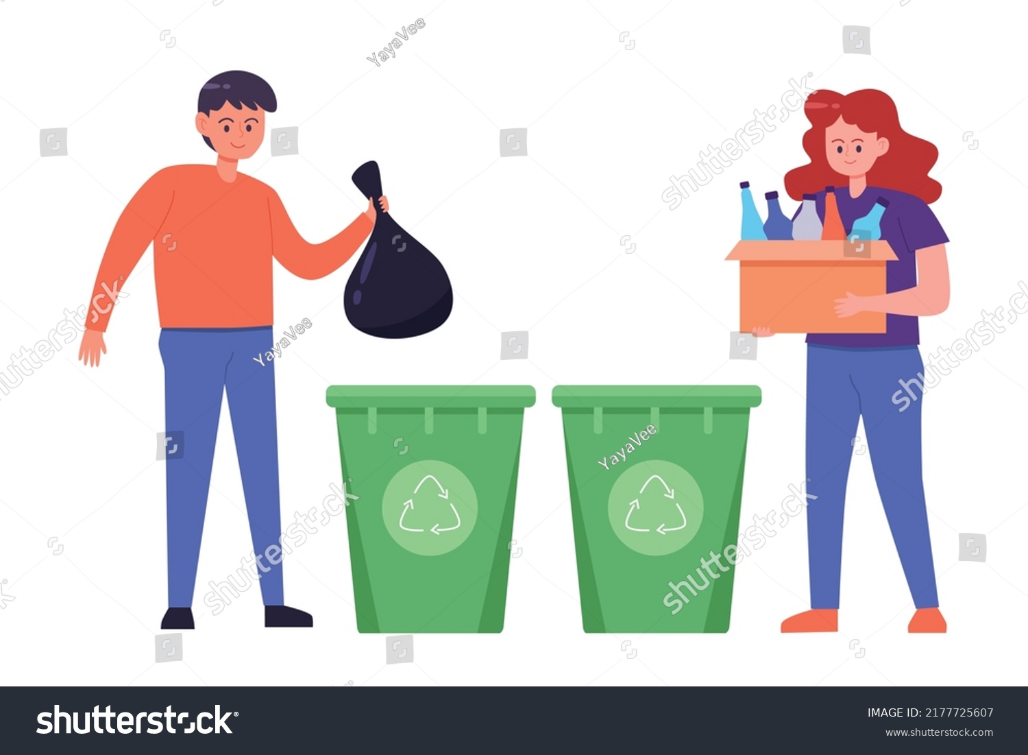 Man Woman Throw Trash Into Recycling Stock Vector (Royalty Free ...