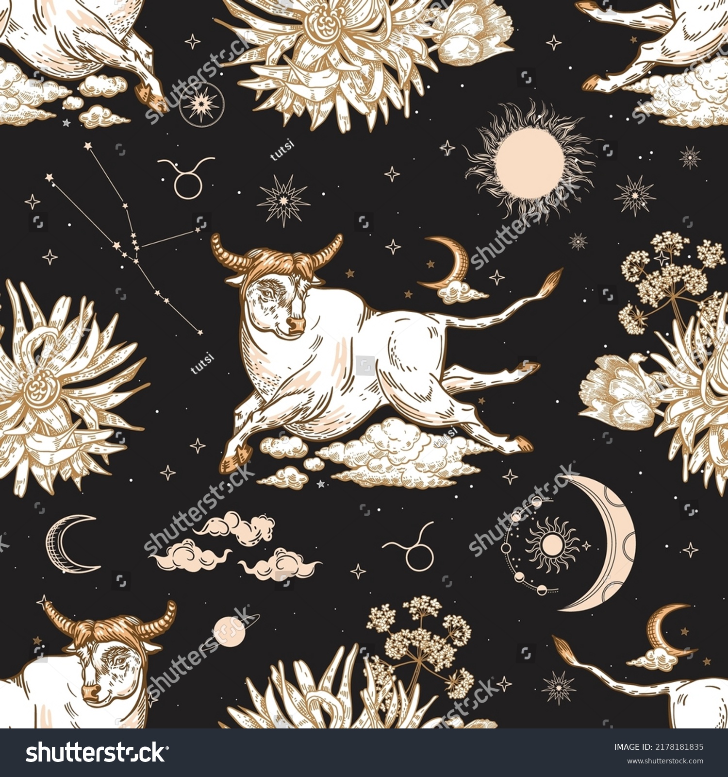 Zodiac Constellation Taurus Seamless Pattern Black Stock Vector ...