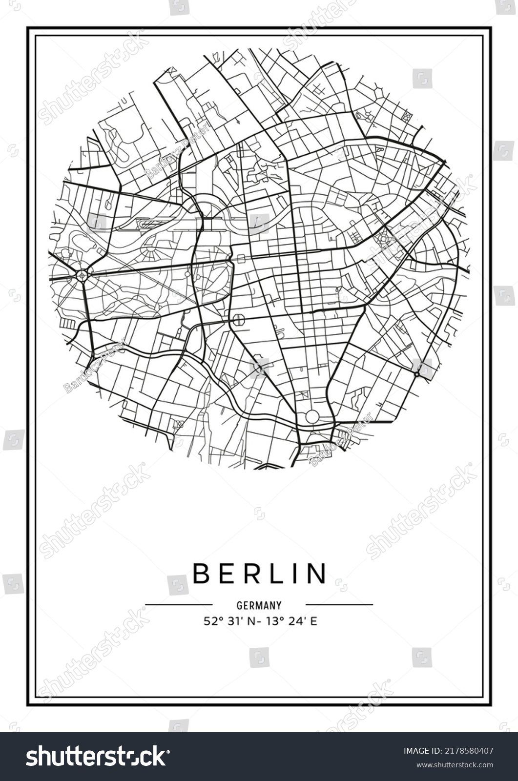 Black White Printable Berlin City Map Stock Vector (Royalty Free ...