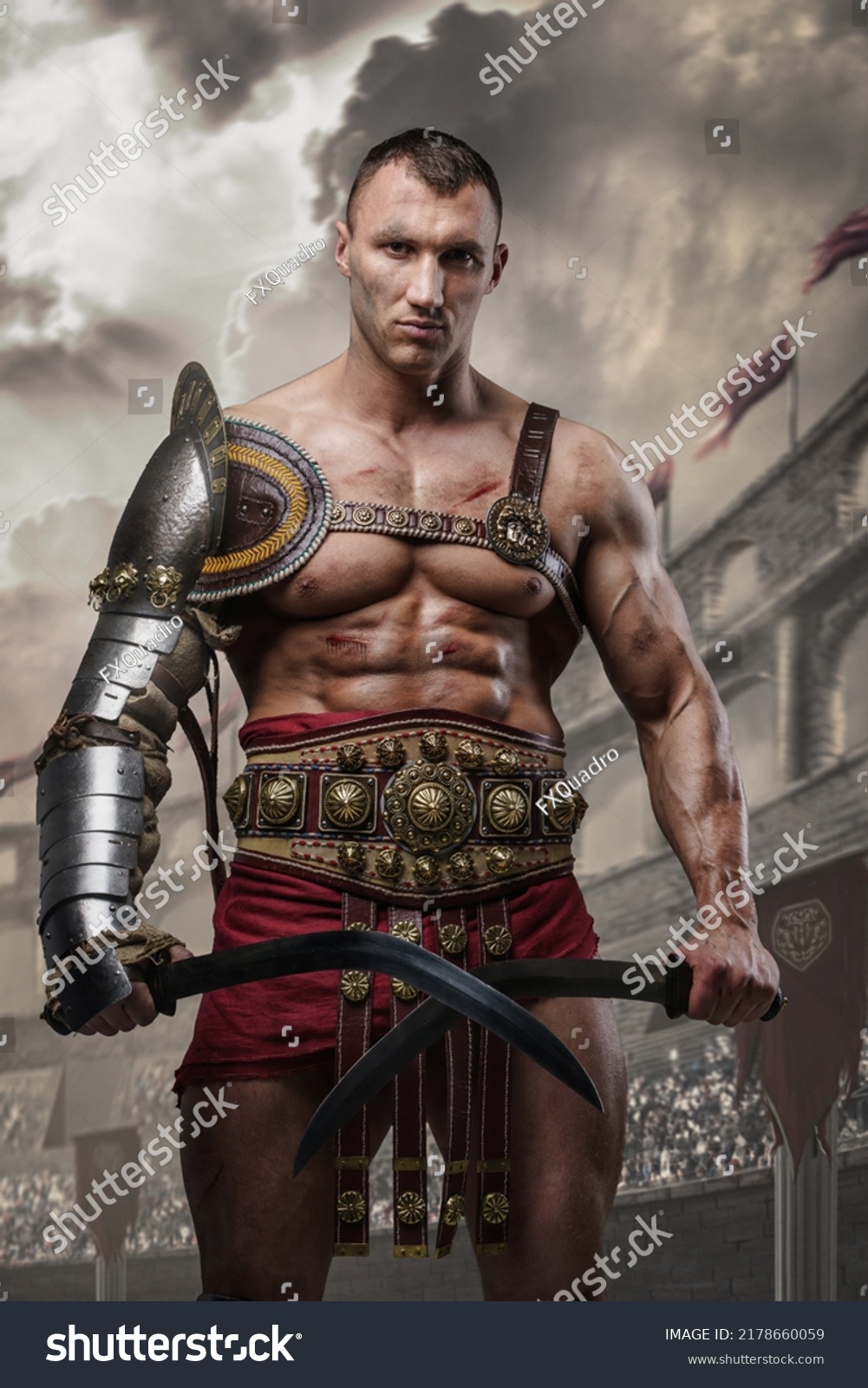 Portrait Handsome Gladiator Dual Swords Dressed Stock Photo 2178660059 ...