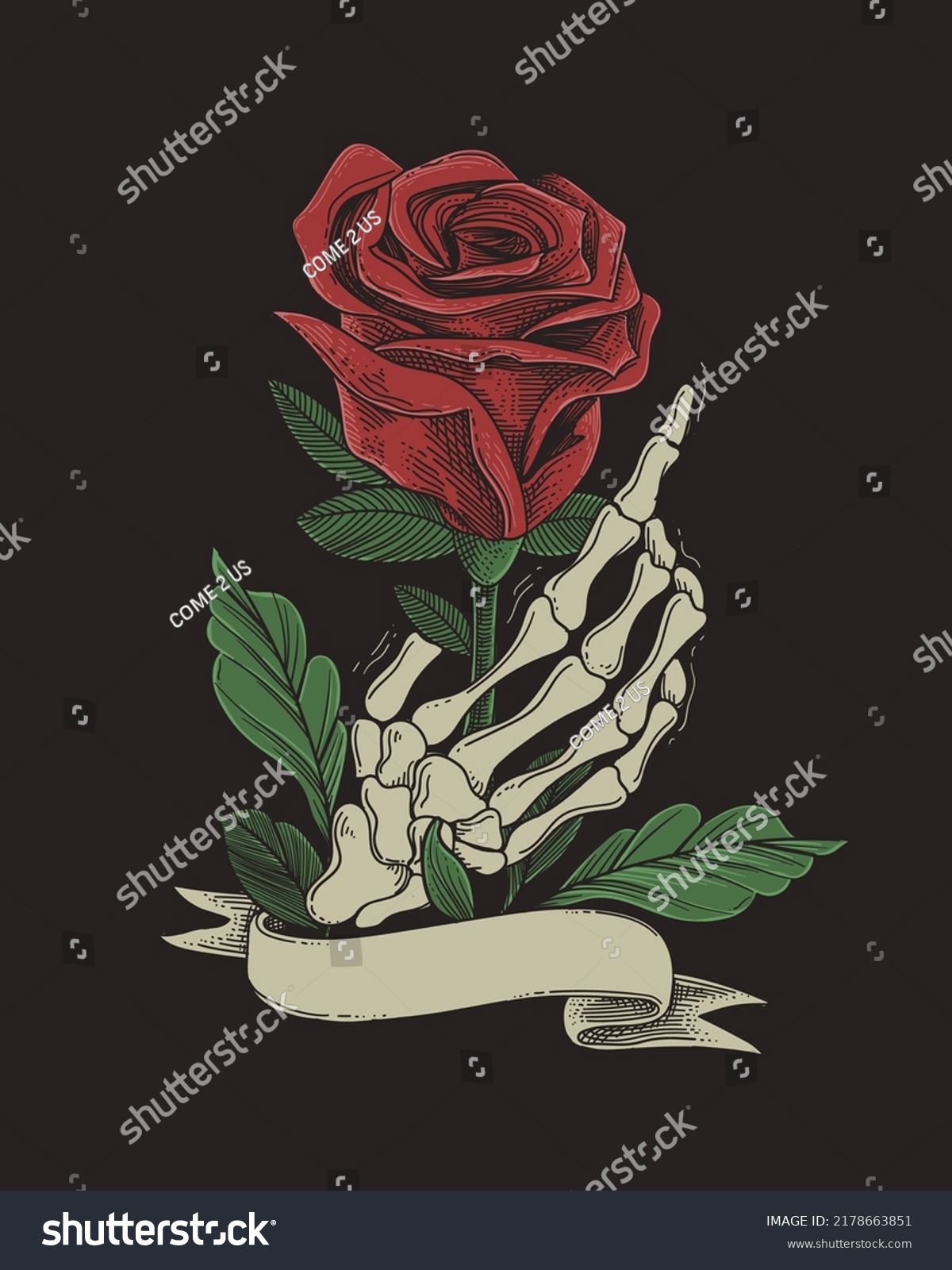 Skull Hand Red Rose Flower Stock Vector (Royalty Free) 2178663851 ...