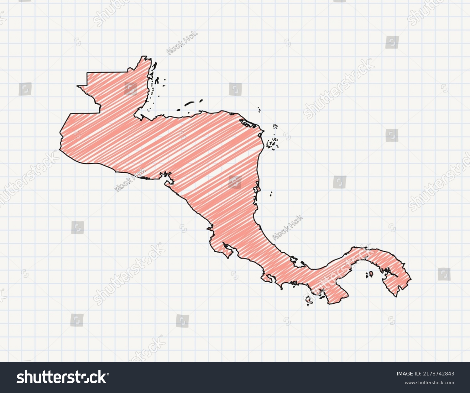 Central America Map Vector Color - Stock Vector Central America Map Of Vector Color Silhouette Chaotic Hand Drawn Scribble Sketch On Grid Paper 2178742843