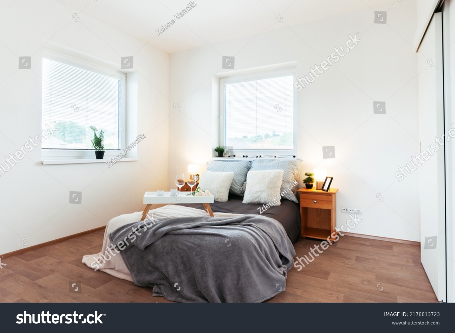 Simple Bedroom Apartment Walkin Closet Small Stock Photo 2178813723   Stock Photo Simple Bedroom In Apartment With Walk In Closet And Small Bathroom Hidden Behind Sliding Door In 2178813723 