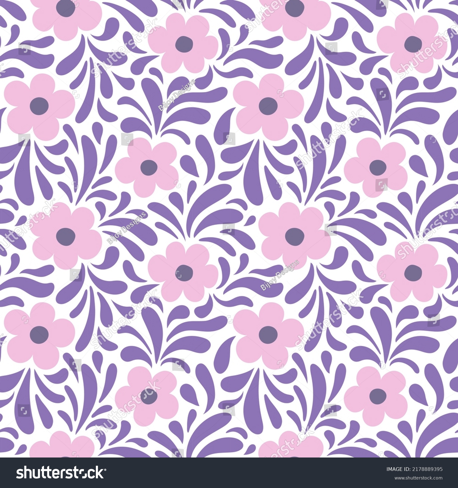 Pink And Purple Floral Swirls Seamless Pattern.  Ethic background for fabric, wrapping and paper. Decorative print. Hand Drawn Swirls Flowers.