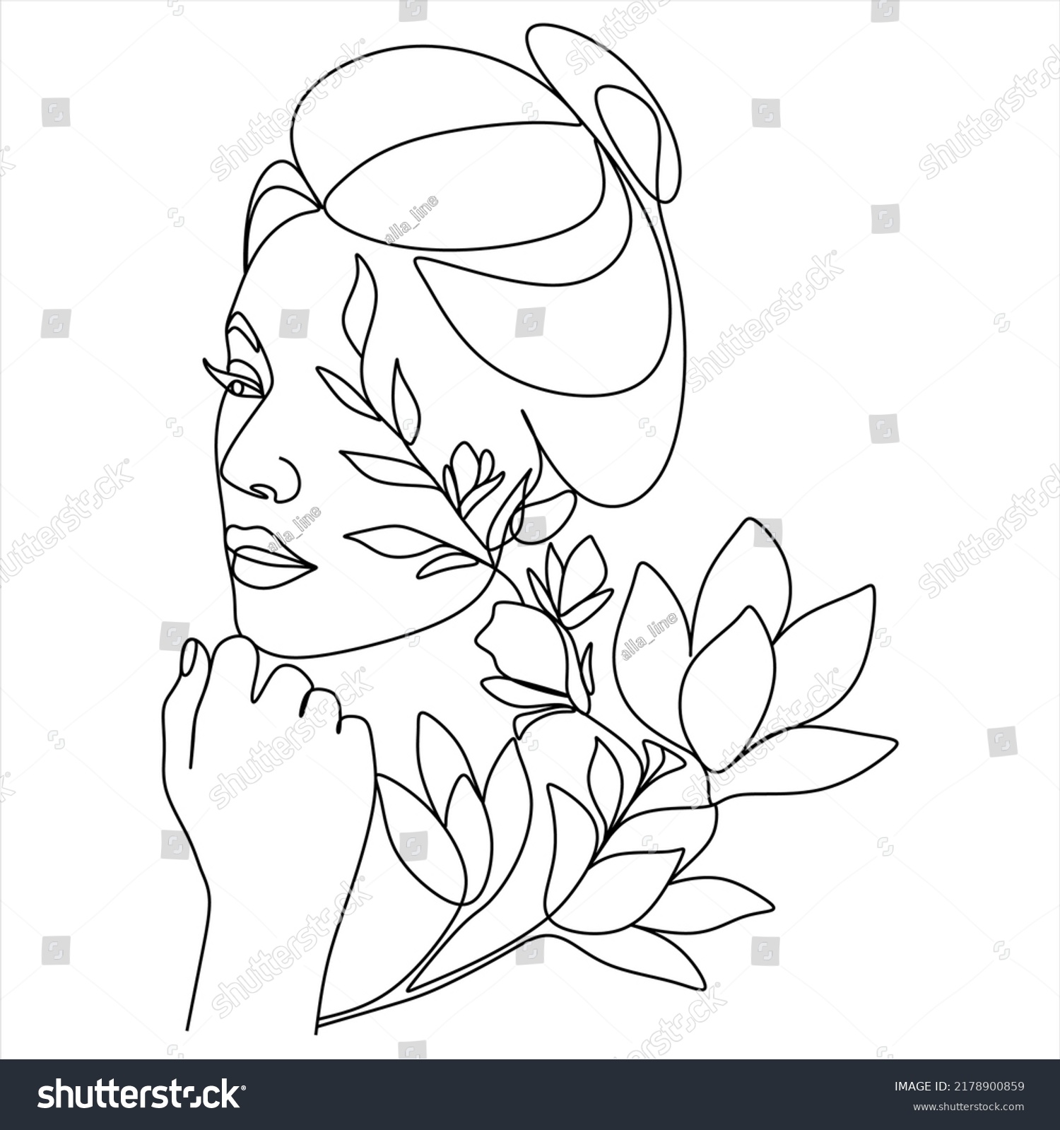 Woman Face Flowers Line Art Elegant Stock Vector (Royalty Free ...