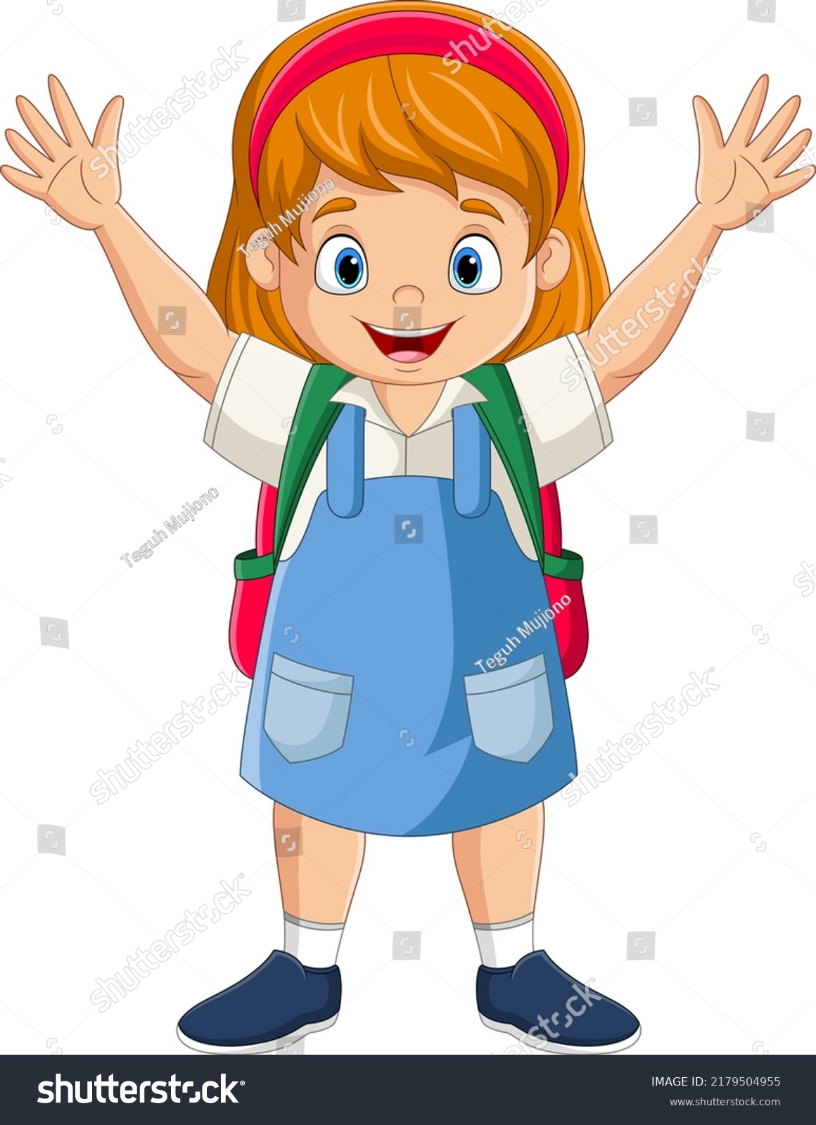 Cartoon School Girl Backpack Waving Hand Stock Vector (Royalty Free ...