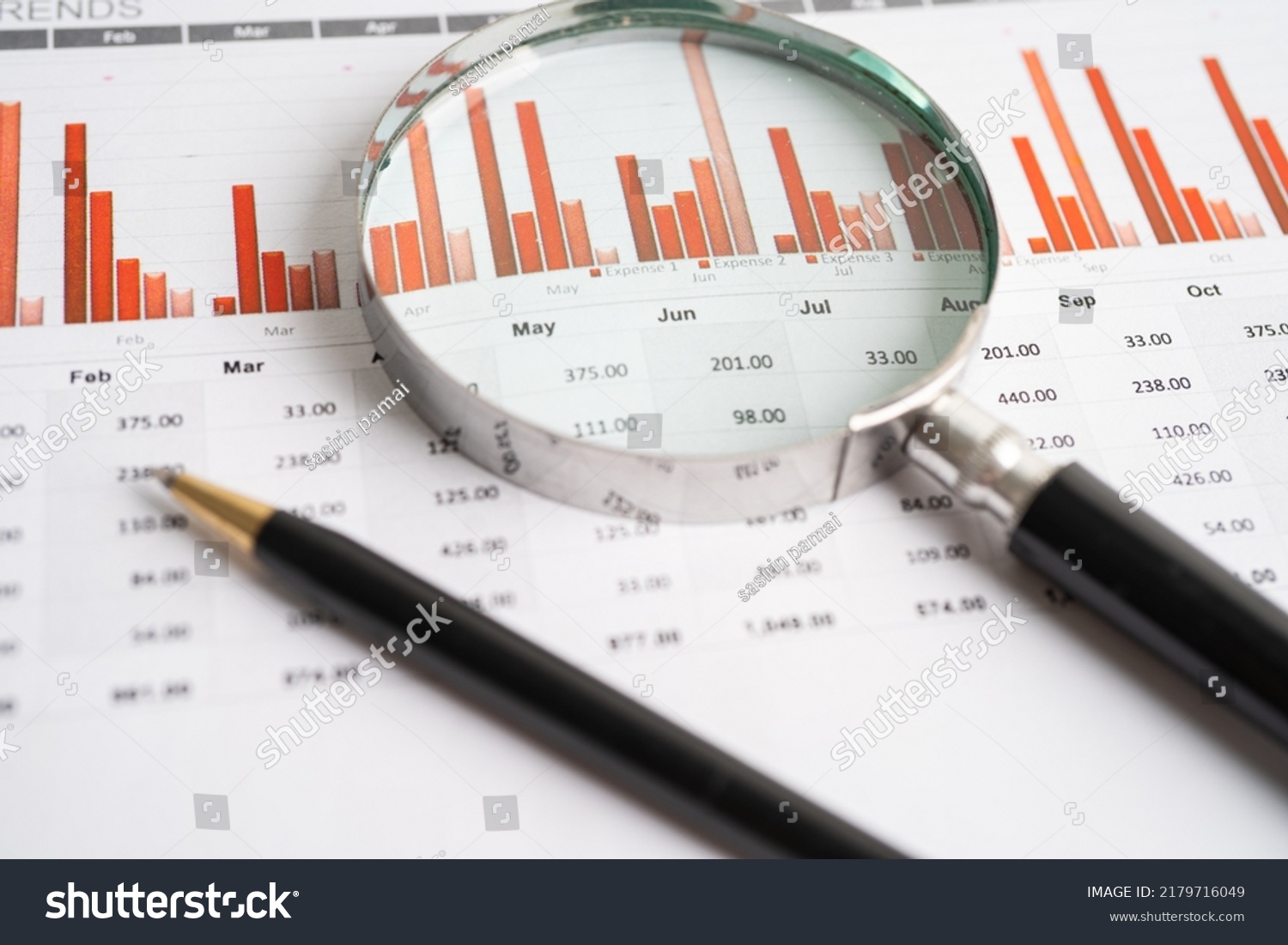 Magnifying Glass On Chart Graph Spreadsheet Stock Photo 2179716049 