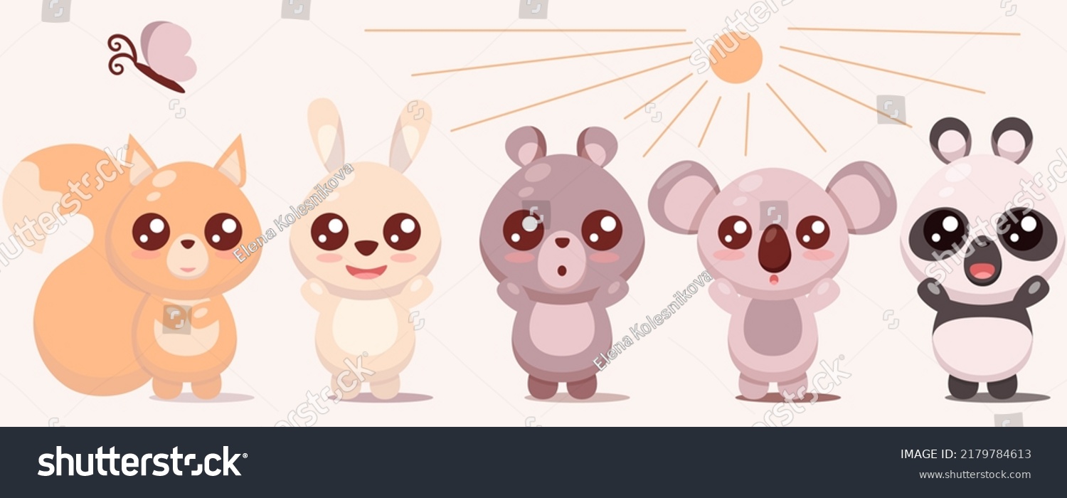 Set Cartoon Animals Japanese Kawaii Style Stock Vector Royalty Free