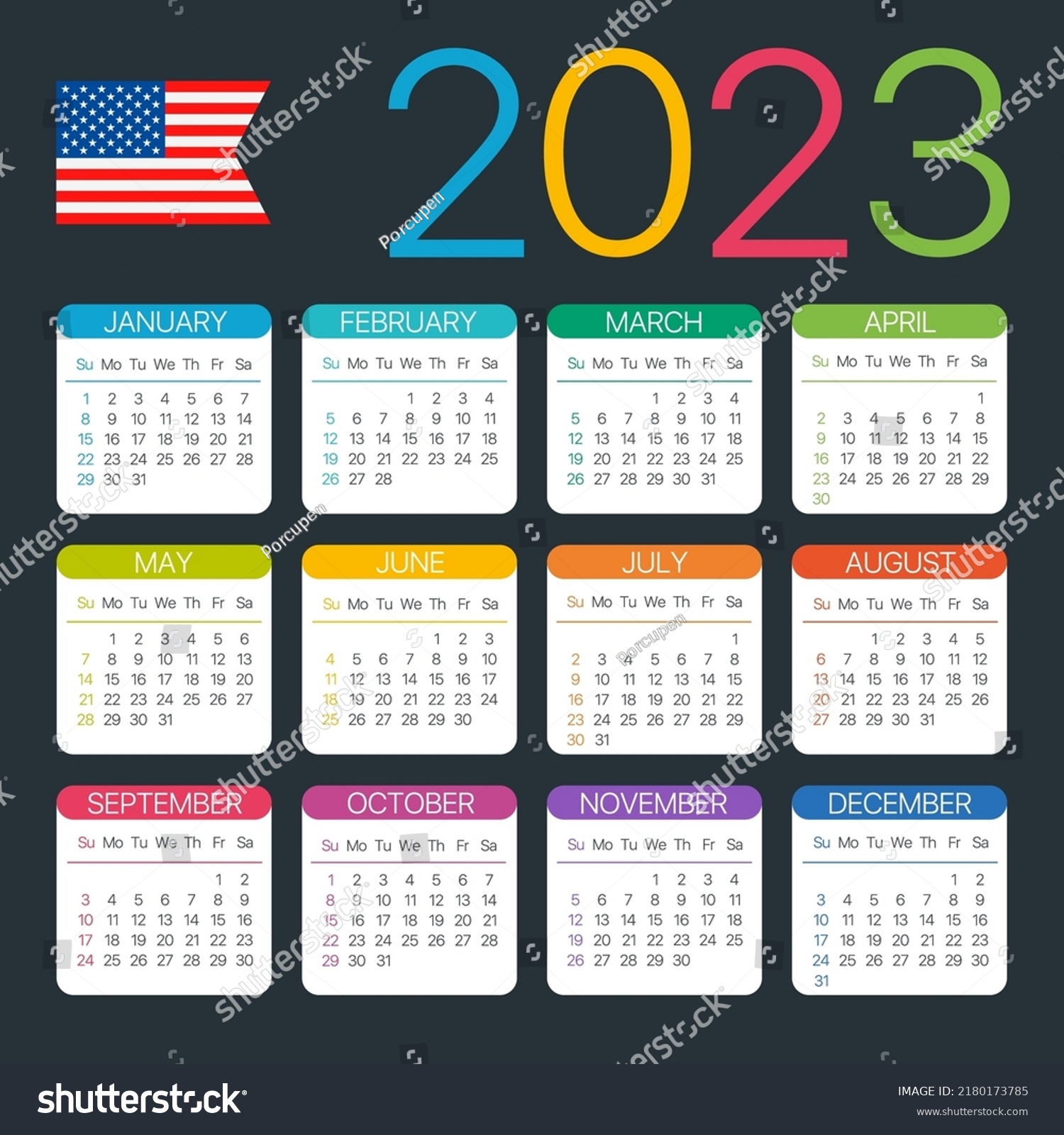 2023 Calendar American Version Vector Template Stock Vector (Royalty ...