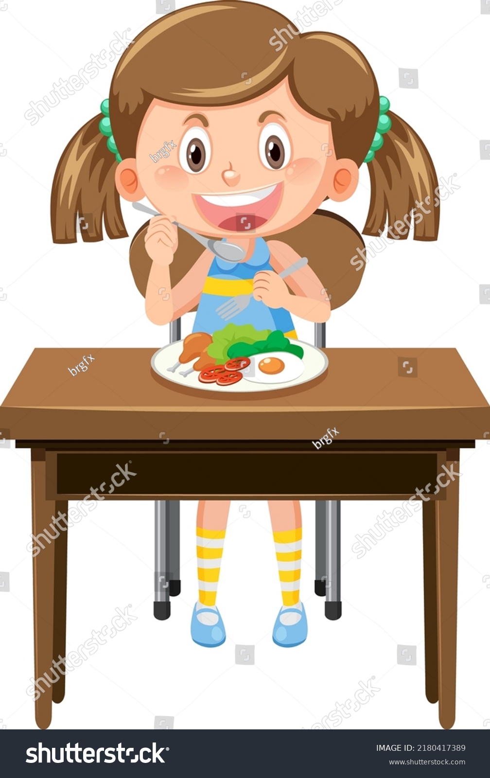 Cute Girl Cartoon Character Eating Breakfast Stock Vector (Royalty Free ...