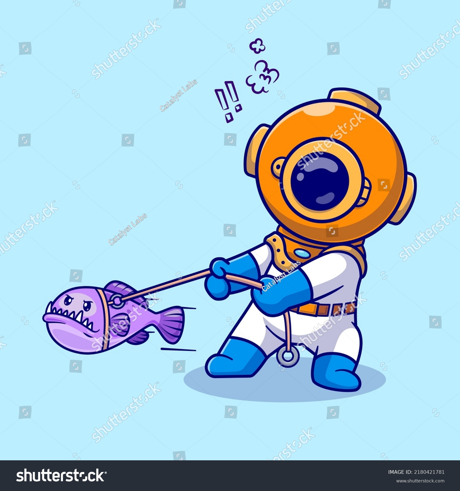 Cute Diver Pull Angry Fish Cartoon Stock Vector (royalty Free 