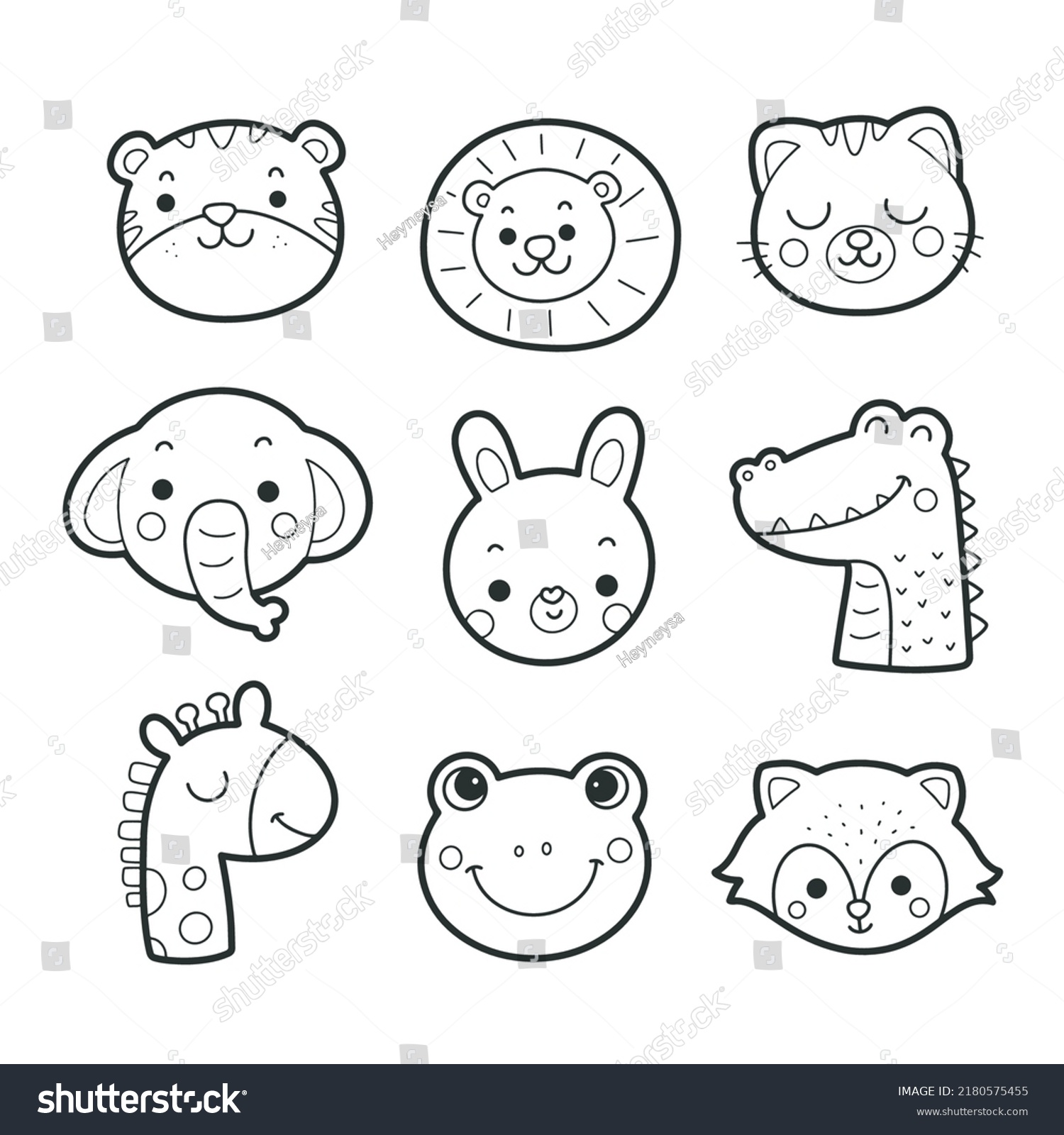 Cute Animal Faces Printable Coloring Page Stock Vector (Royalty Free ...