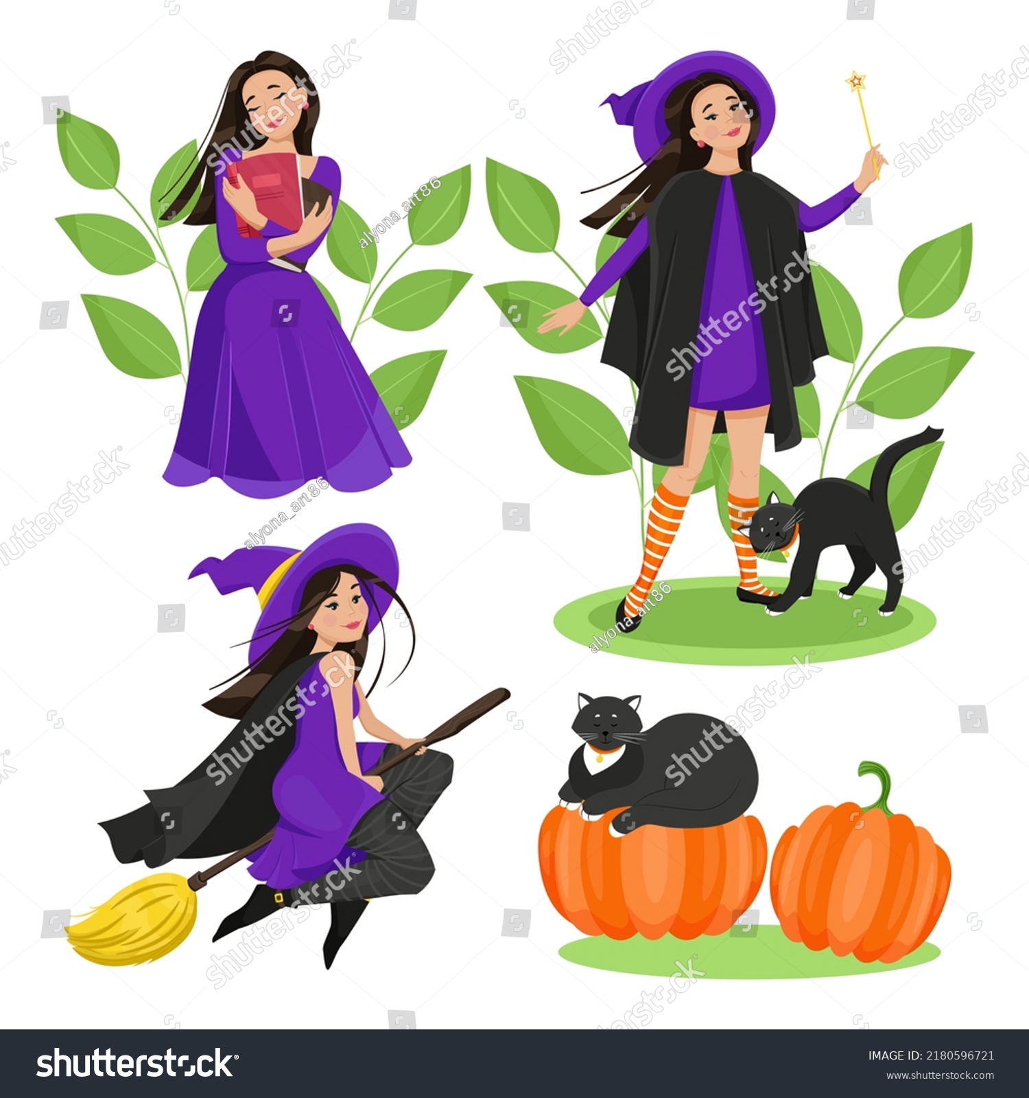 Female Characters Halloween Set Cute Witch Stock Vector (Royalty Free ...